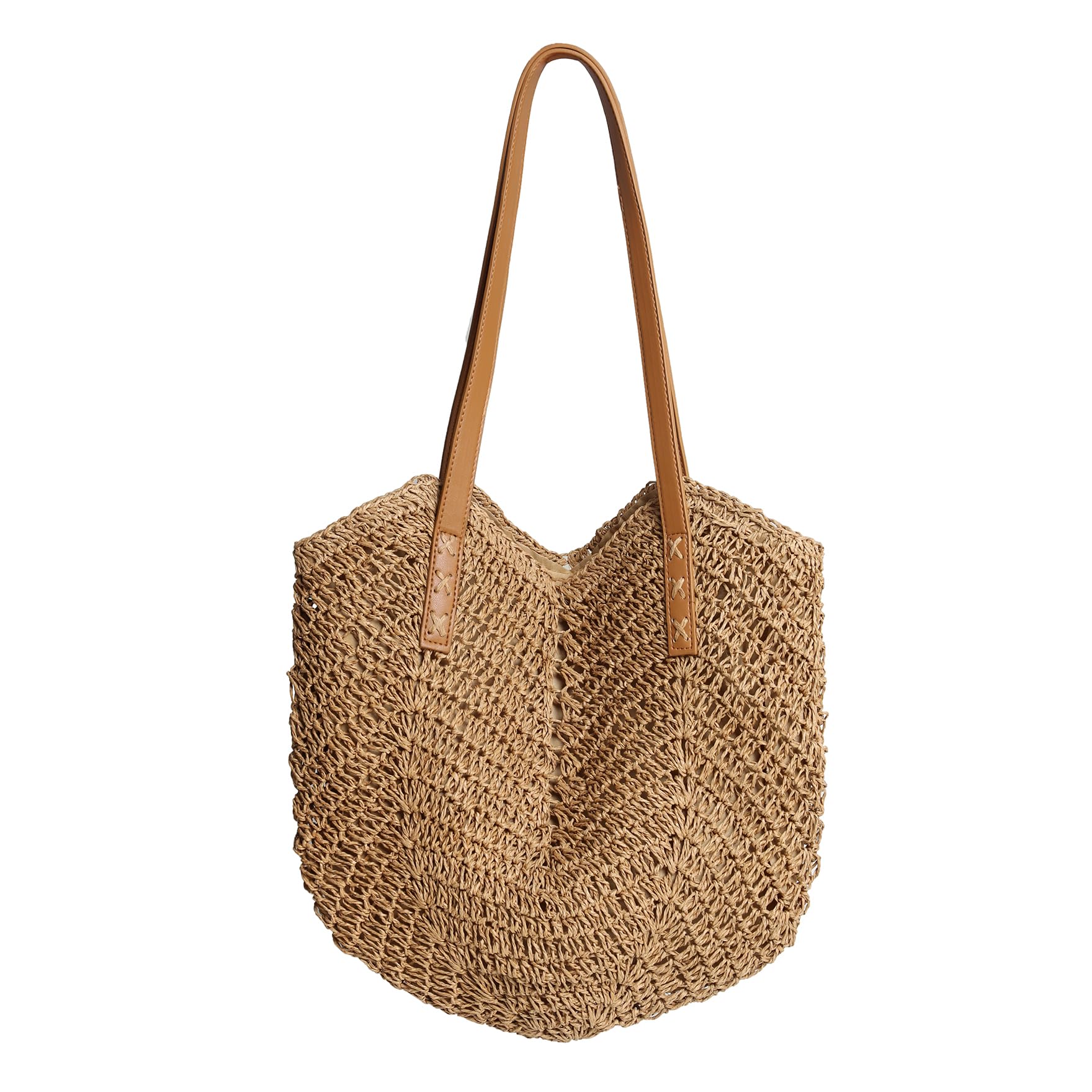 Women's Woven Straw Beach Tote Bag - Large Capacity Summer Shoulder Bag for Vacation, Travel & Shopping - Natural Brown Boho Style