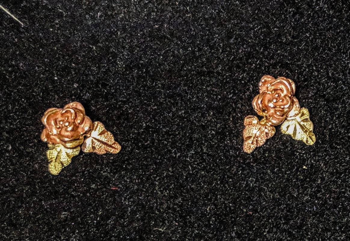 10kt Solid Gold Three-Tone Rose Two Leaf Stud Earrings (1 Pair) - Red & Green Leaf Design for Women | Perfect for Valentine's Day, Anniversary Gifts & Everyday Wear