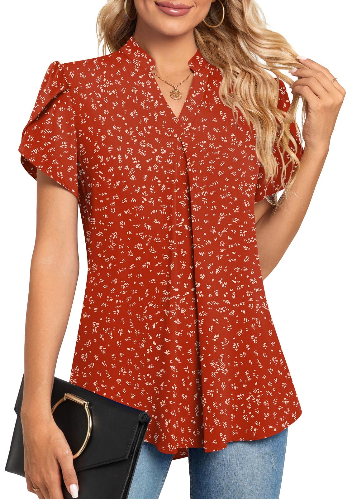 Anyhold Women's Summer Chiffon Blouse - Elegant V-Neck Petal Sleeve Tops for Work & Casual Wear | Breathable Loose Fit Office Shirt | Perfect for Business Meetings, Date Nights & Summer Outings