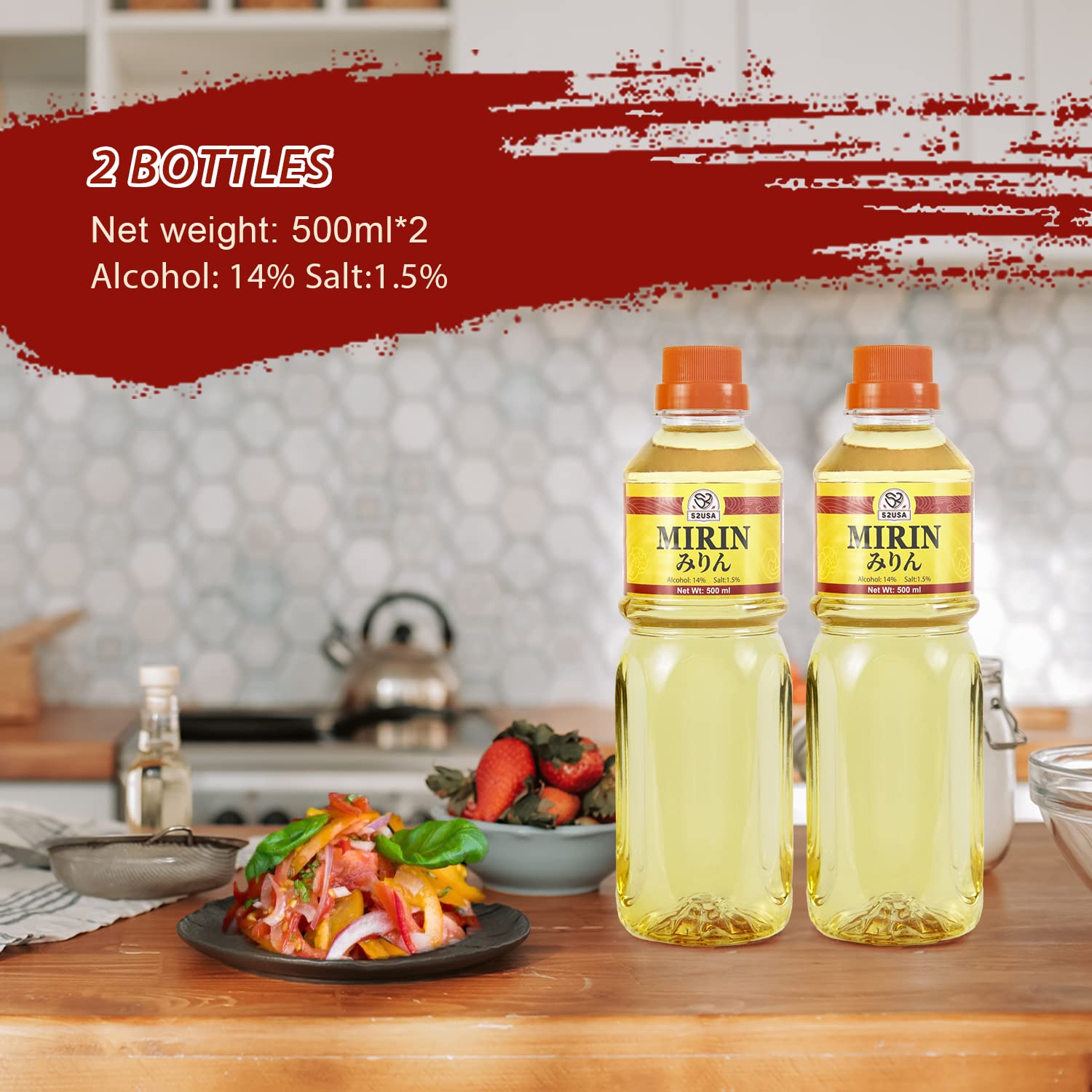 52USA Mirin Cooking Wine 16.9 FL OZ (Pack of 2) - Premium Red Rice Seasoning for Homemade Sauces, Marinades, Glazes | Perfect for Sushi Rice, Ramen Noodles & Asian Cuisine | Ideal for Stir-Fry, Salad Dressings & Japanese Dishes