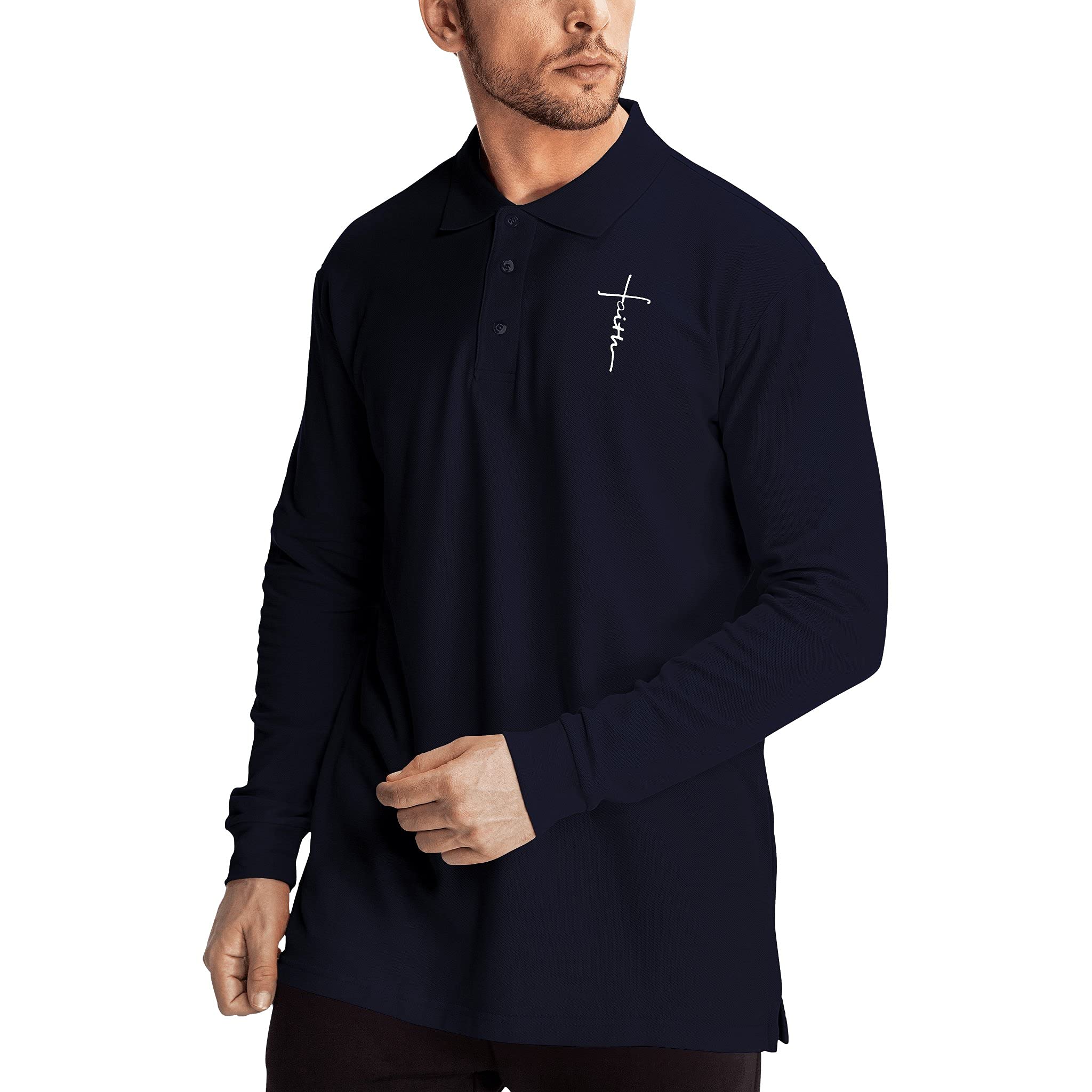 Cross Faith Jesus Cotton Polo T-Shirts for Men - Religious Christian Long Sleeve Summer Shirts - Church Worship & Everyday Casual Wear