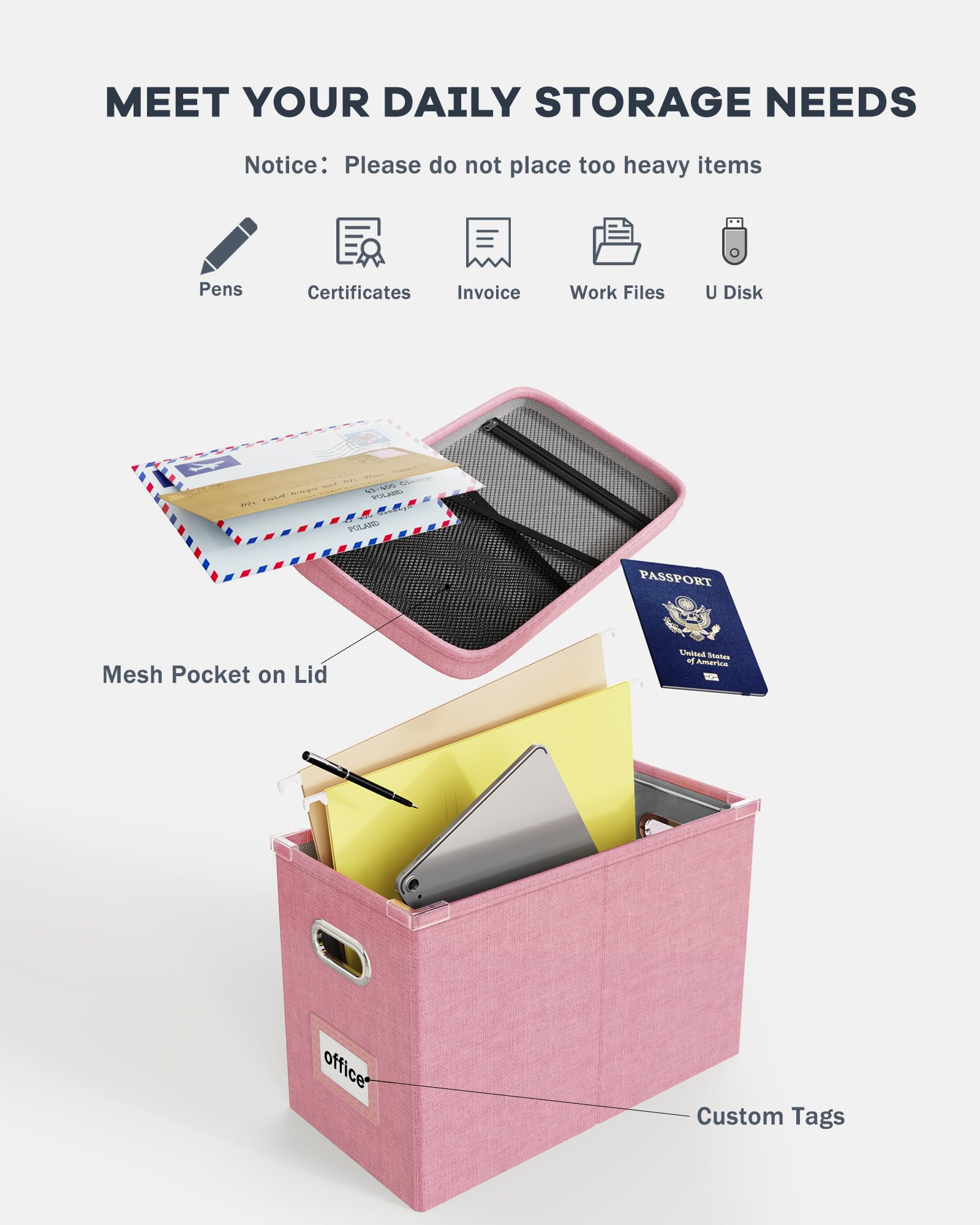 Oterri File Organizer Box with Lid - Hanging Mesh Pocket Document Storage for Letter Files | Portable Office & Home Storage Box with Smooth Sliding Rail (Pink, 1 Pack) - Perfect for Desk Organization, Paper Filing, and Home Office Storage