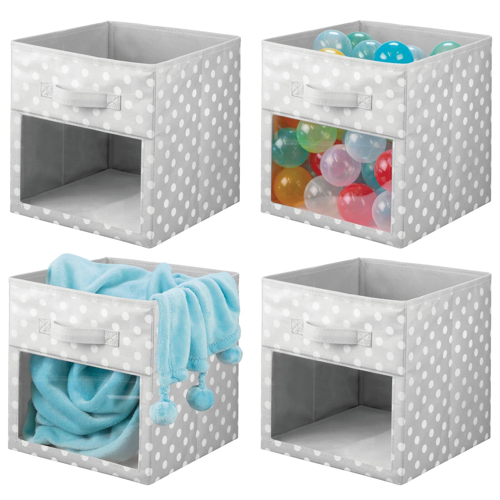 mDesign Fabric Storage Bins 4-Pack - Gray/White Polka Dot Closet Organizer with Front Handles & Window for Nursery, Playroom - Perfect for Toys, Clothes, Diapers & Bibs Storage - Fits Cube Shelving Units & Kids Room Organization
