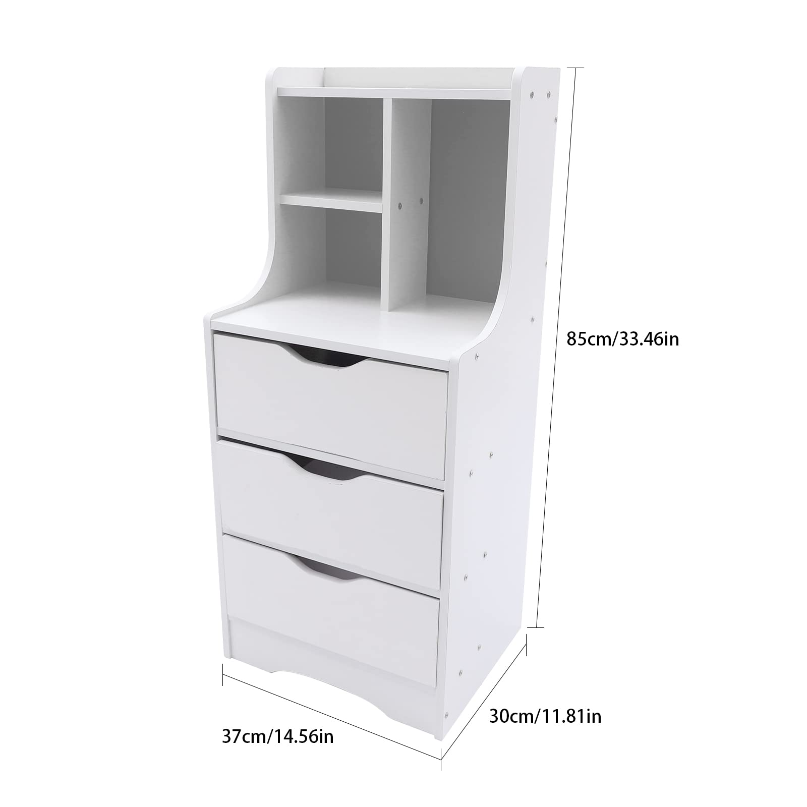 3-Drawer White Bedside Table with Open Shelf - Compact Nightstand, Bedroom Storage Cabinet Organizer - Perfect for Small Spaces, Apartment Living & Home Office Organization