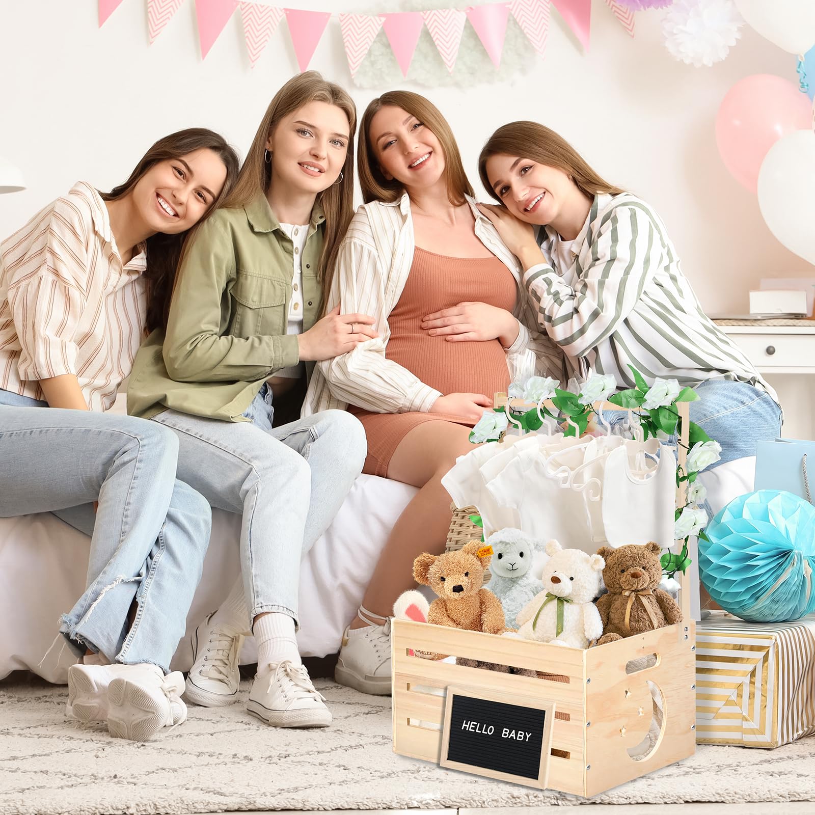 Wooden Baby Shower Gift Basket with Handle - DIY Felt Blackboard Storage Crate & Hamper for Newborn - Perfect for Baby Shower Decor, Pregnancy Gifts & New Parent Essentials - Nursery Organization & Party Decorations