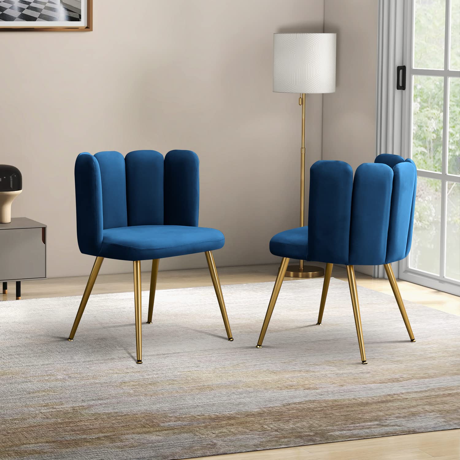 HULALA HOME Velvet Accent Chairs Set of 2 - Modern Upholstered Vanity Makeup Chair & Comfy Dining Chair for Living Room with Shell Back Design & Gold Metal Legs, Navy Blue - Perfect for Bedroom, Dressing Room & Lounge Decor