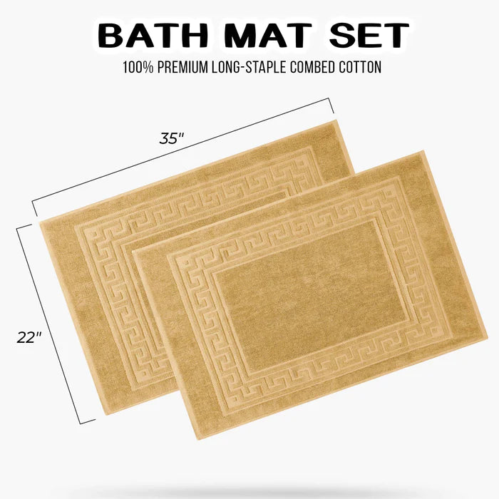 Premium Cotton 2-Piece Greek Key Border Bath Mat Set - Ultra Absorbent, Non-Slip Bathroom Rug - Perfect for Modern Bathrooms, Master Suites & Spa-Like Retreats