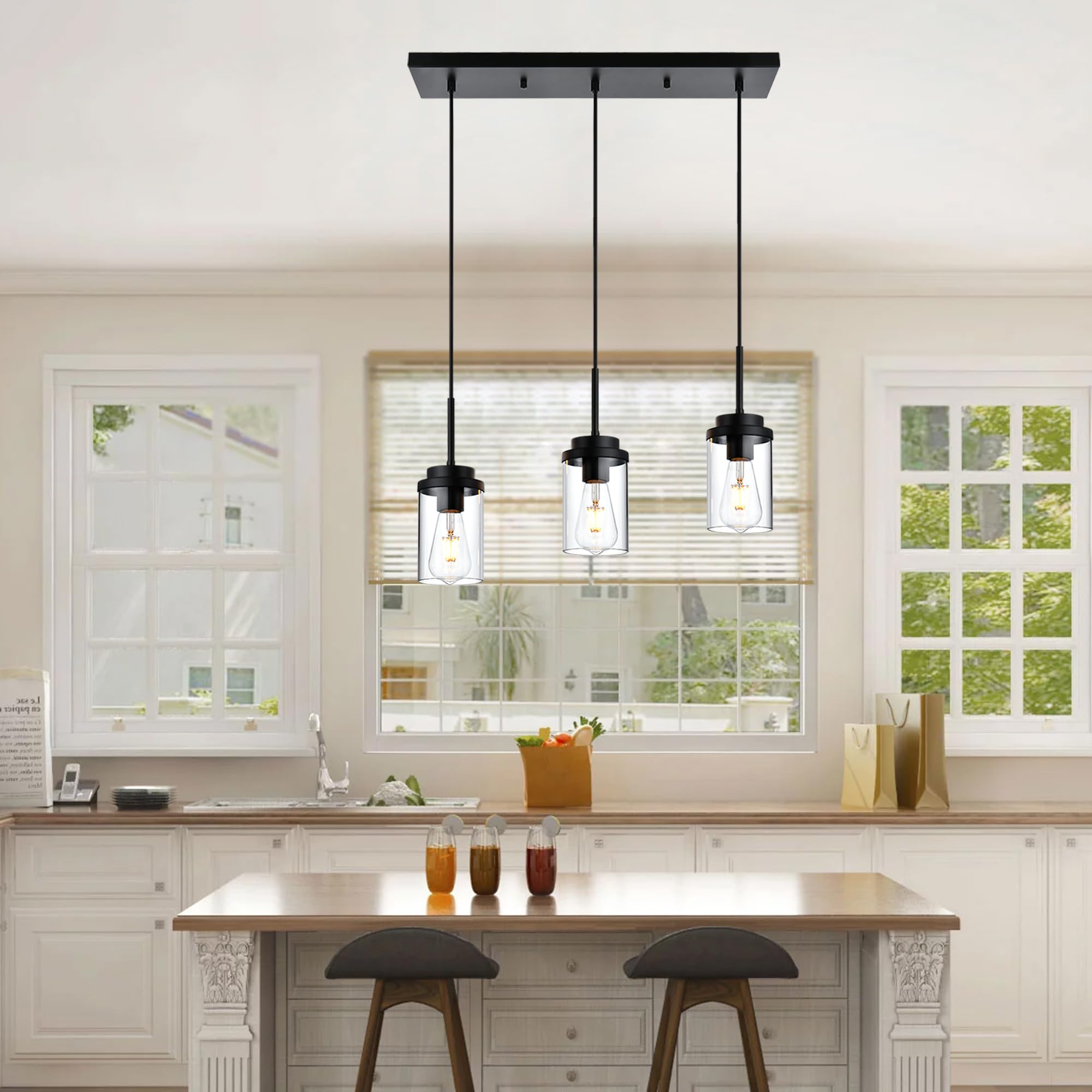 MELUCEE 3-Light Black Linear Chandelier - 20.5 Inch Modern Pendant Lighting for Kitchen Island, Dining Room, and Ceiling - Clear Glass Shade for Elegant Home Decor | Perfect for Contemporary Spaces and Open-Concept Living Areas