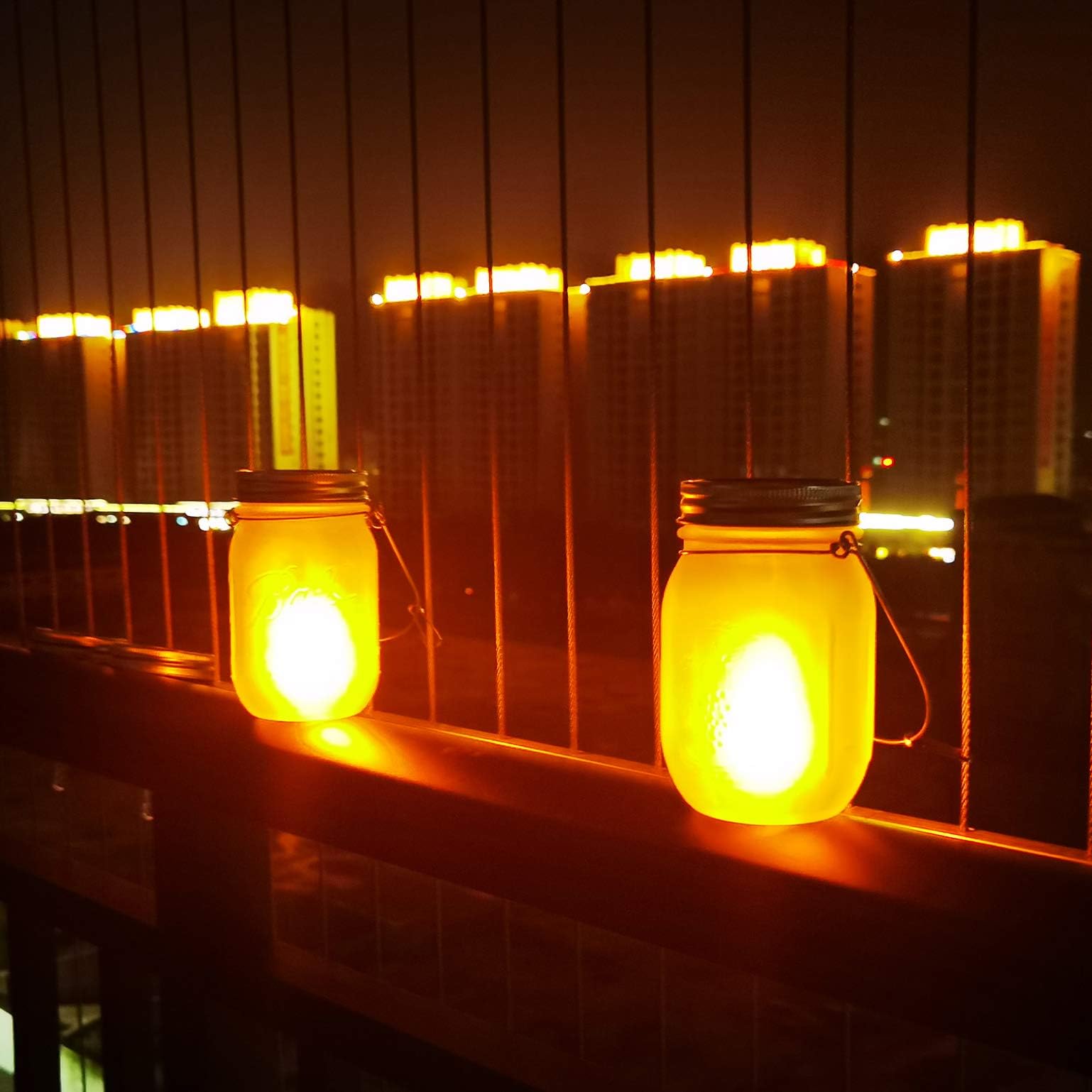 6-Pack Solar Mason Jar Lights with Amber Flame Flicker - Outdoor Hanging Lanterns for Garden, Patio & Wedding Decor - Includes Glass Jars & Hangers - Solar Powered Weatherproof Lighting for Backyard, Pathway & Party Decorations