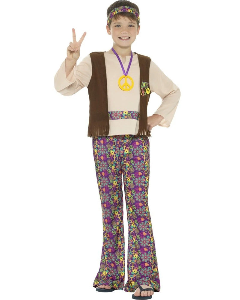 60s Flower Hippie Boys Costume - Vintage 1960s Hippie Outfit for Kids, Tie-Dye Shirt & Bell Bottoms - Perfect for Halloween, Theme Parties & Retro Dress-Up