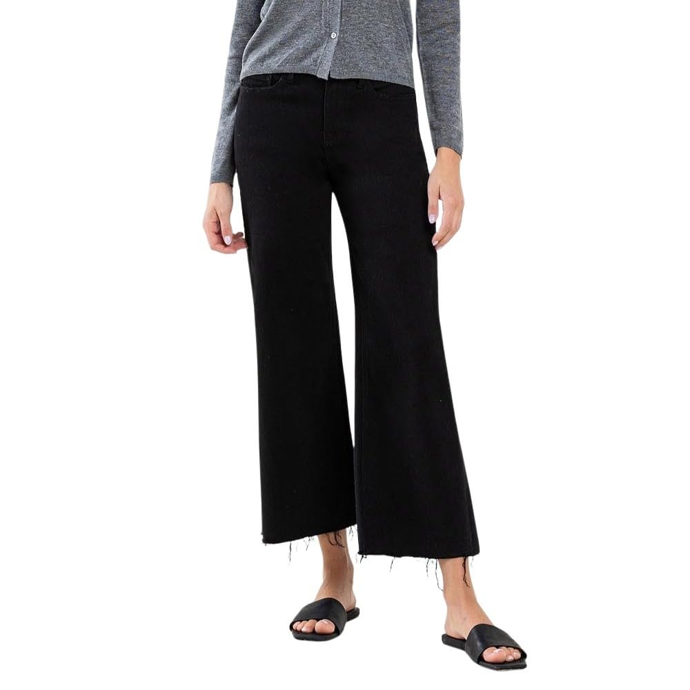 Jet Black High-Rise Raw Hem Cropped Wide Leg Jeans for Women - Trendy Distressed Denim Pants for Casual Outfits, Street Style & Everyday Wear