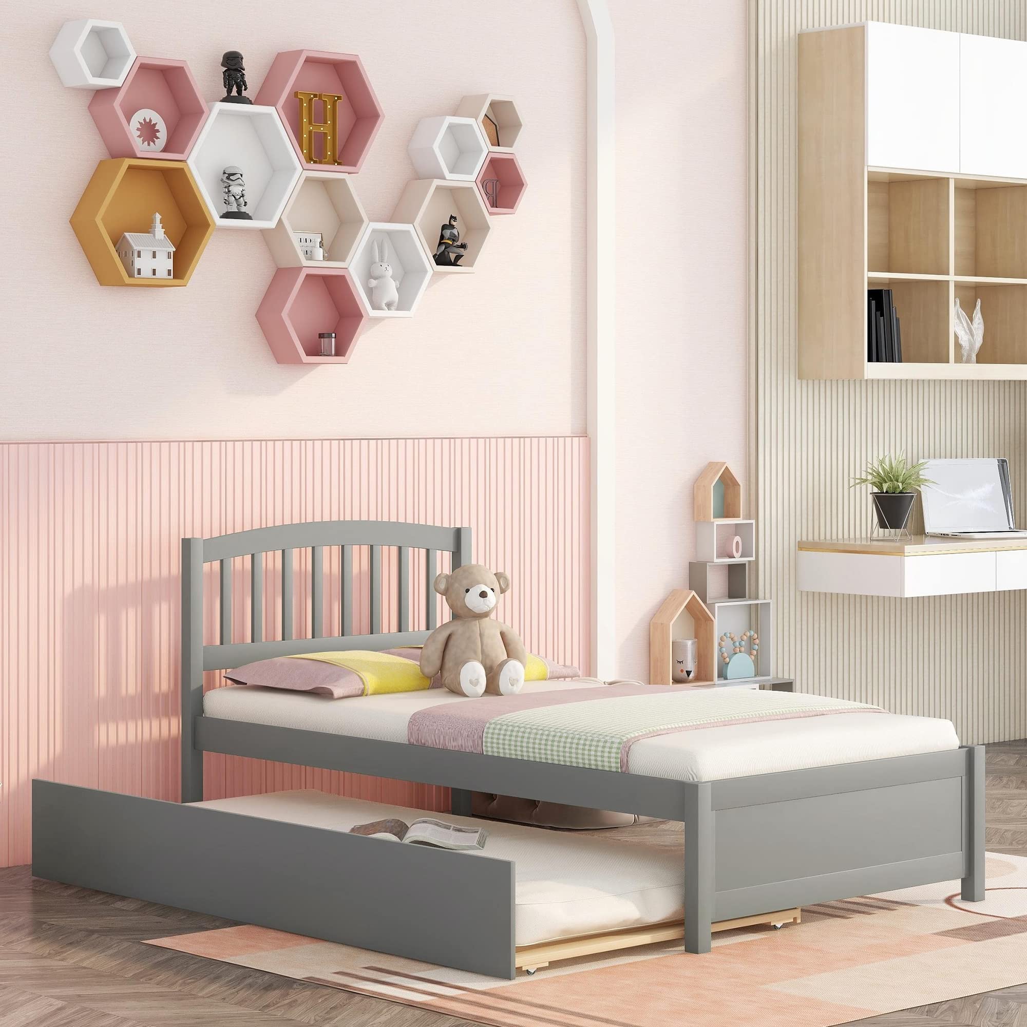 Harper & Bright Designs Twin Size Wooden Platform Bed with Headboard & Trundle - Sturdy Kids Bed Frame in Grey | Perfect for Small Bedrooms, Guest Rooms & Children's Sleep Space