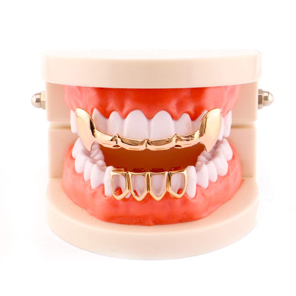 18K Gold Plated Vampire Fang Grillz - Top & Bottom Hip Hop Teeth Caps for Men & Women | Perfect for Halloween, Cosplay, and Hip Hop Fashion