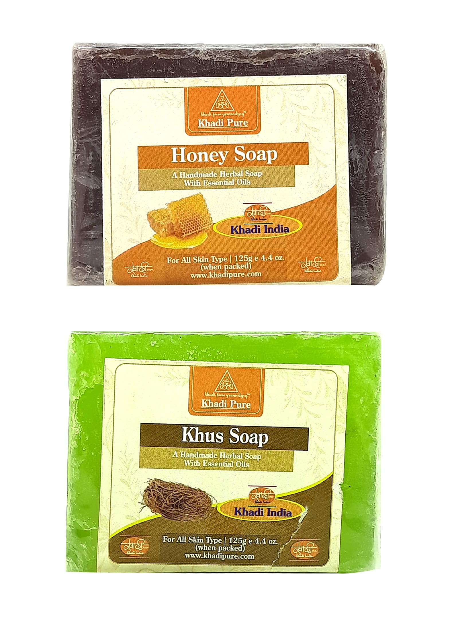 Organic Khadi Pure Herbal Honey & Khus Soap (125g Each) - Pack of 2 (250g Total) - Natural Ayurvedic Skincare for Dry & Sensitive Skin - Perfect for Daily Cleansing & Moisturizing
