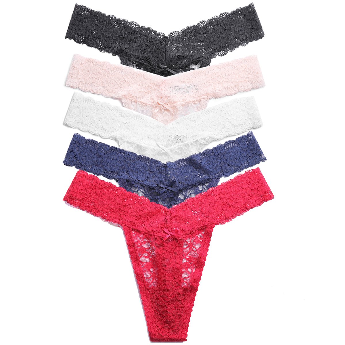 Sexy Women's Lace T-Back Thong Panties - 5 Pack Low Waist See-Through Hollow Out Underwear | Soft Ice Silk Material for Date Night, Lingerie Gift & Sensual Wear