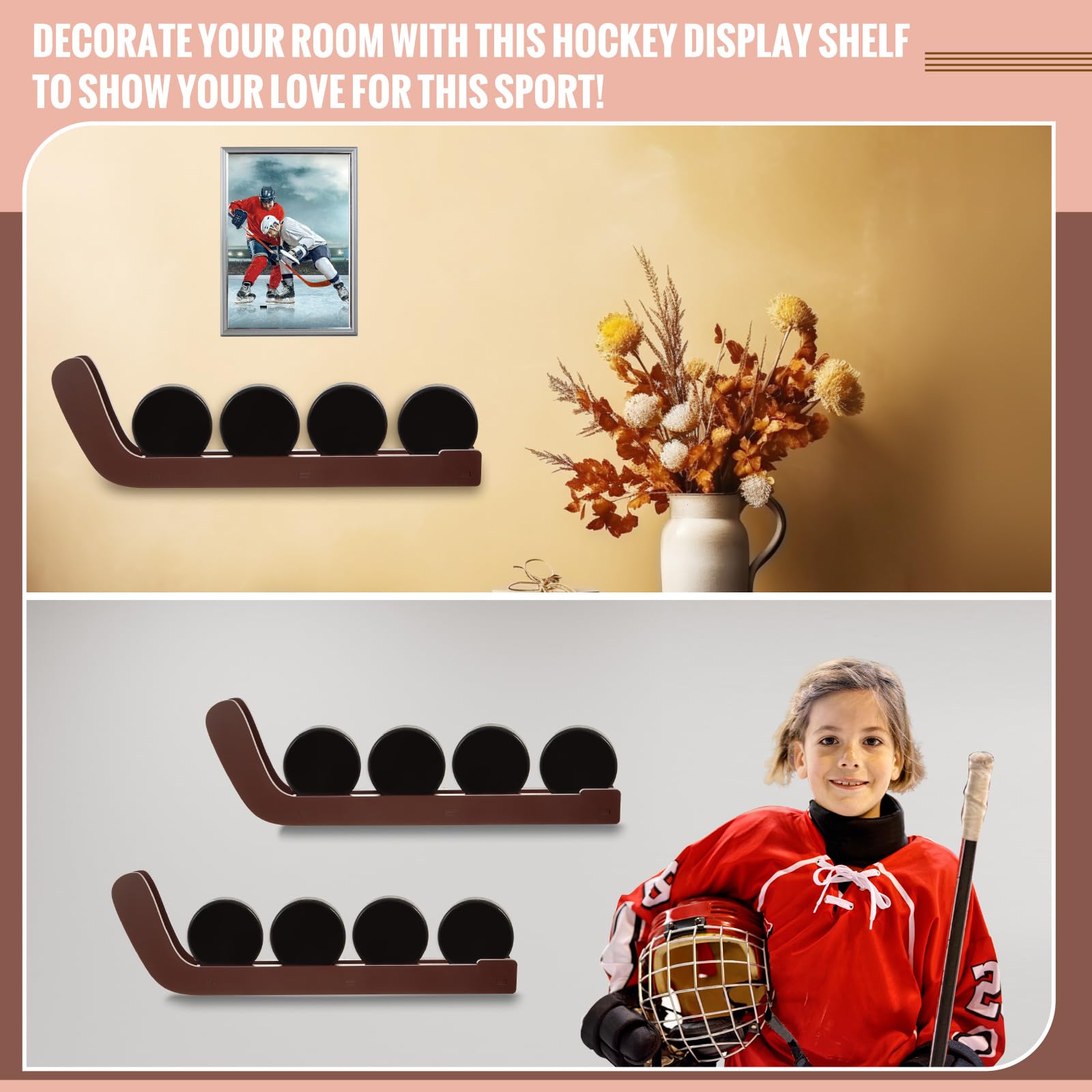 2 Pcs Wooden Hockey Puck Display Shelf - Wall Mount Hockey Puck Holder for Players & Team Gifts - Living Room, Man Cave & Sports Bar Decor - Perfect for Hockey Fan Collectibles & Memorabilia Storage