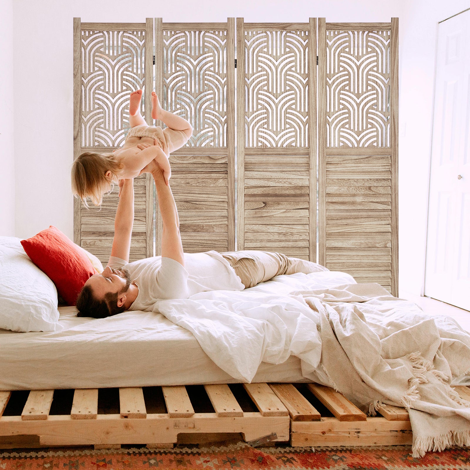 GARVEE 4 Panel Wooden Room Divider - 6 Ft Tall Freestanding Privacy Screen with Decorative Cutouts, Foldable Partition for Bedroom, Living Room & Office - Natural Finish | Perfect for Home Decor, Space Division & Room Privacy