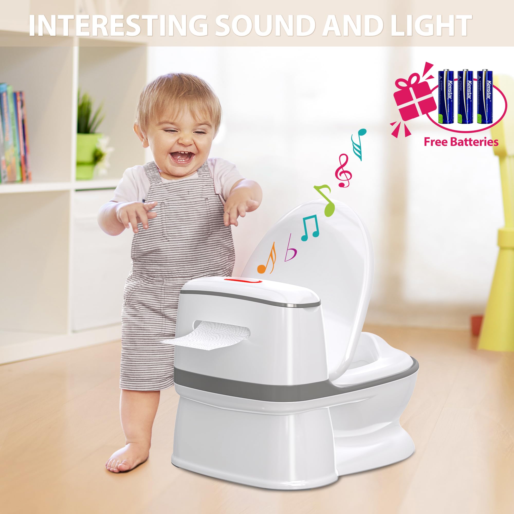 **Real Feel Potty Training Toilet for Toddlers - Boys & Girls Potty Seat with Wipes Storage, Flush Sound & Magic Stickers - Easy Clean Disposable Liners - Quick Assembly for Home & Travel Use**