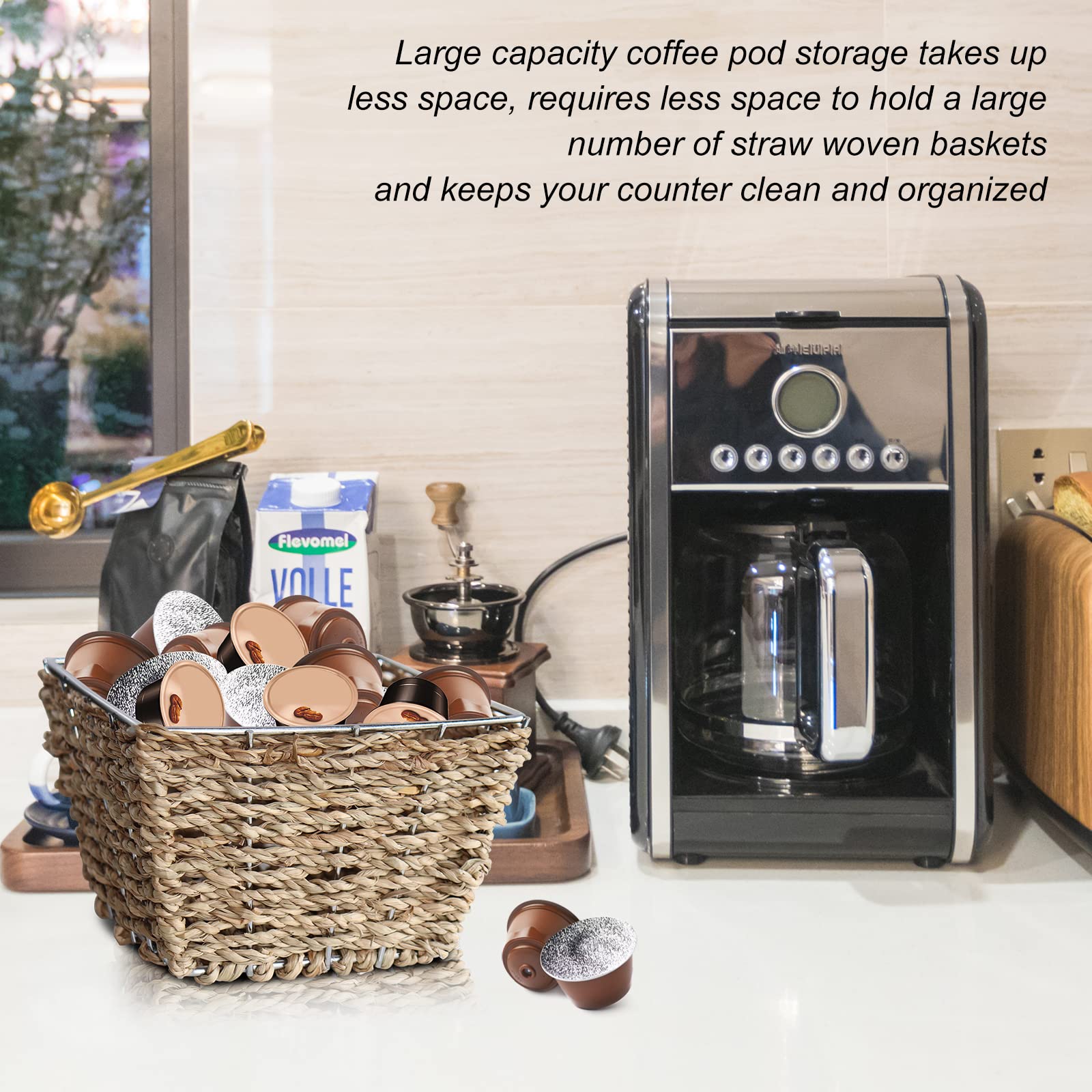Premium Seagrass-Wrapped Metal Coffee Pod Holder - Large Capacity K Cup & Nespresso Pod Organizer for Kitchen Countertop or Office Desk