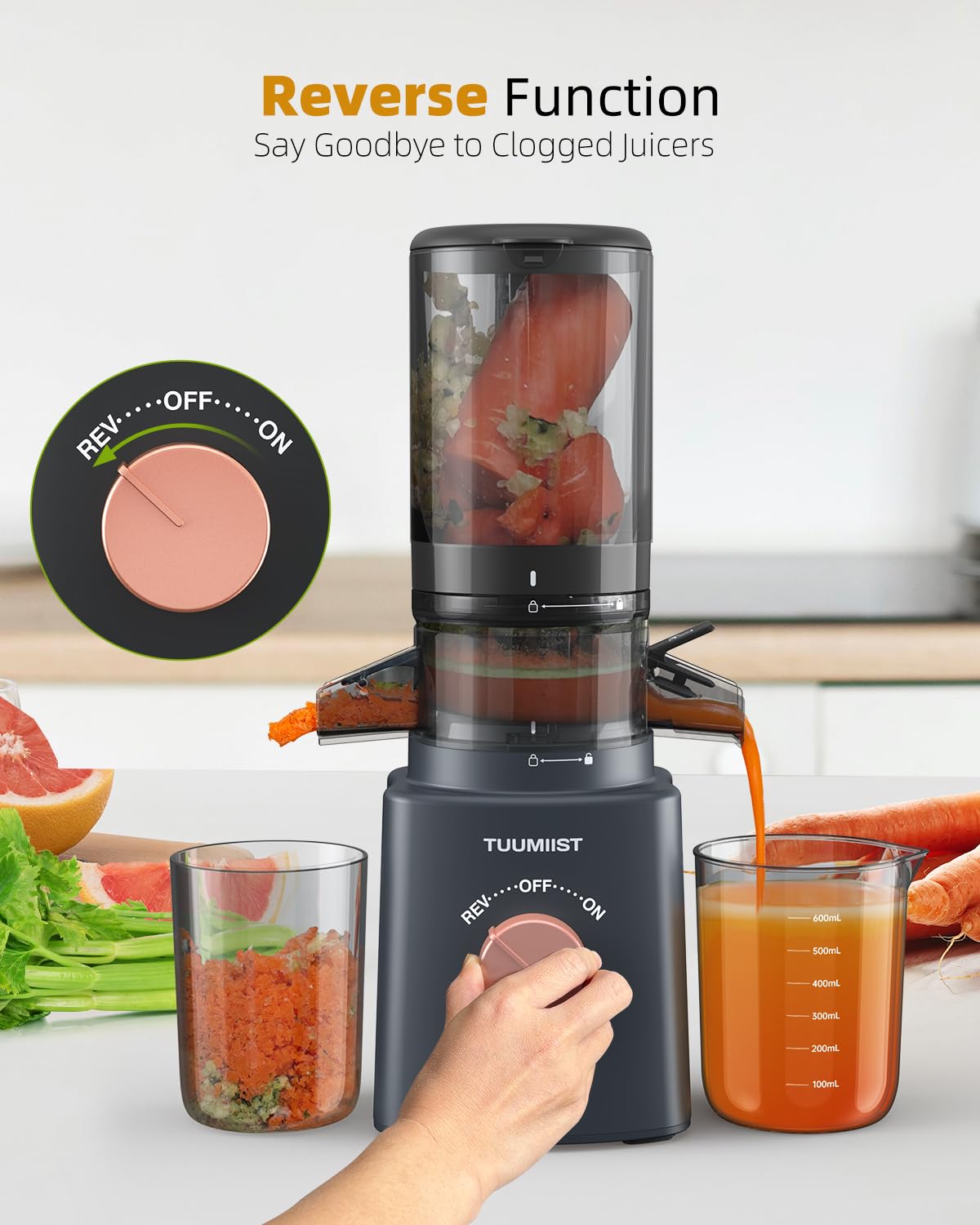 TUUMIIST Cold Press Juicer Machine - 4.25'' Large Feed Chute for Whole Fruits & Vegetables, Easy to Clean Masticating Juicer in Gun Grey - Perfect for Healthy Juicing at Home, Gym, or Office