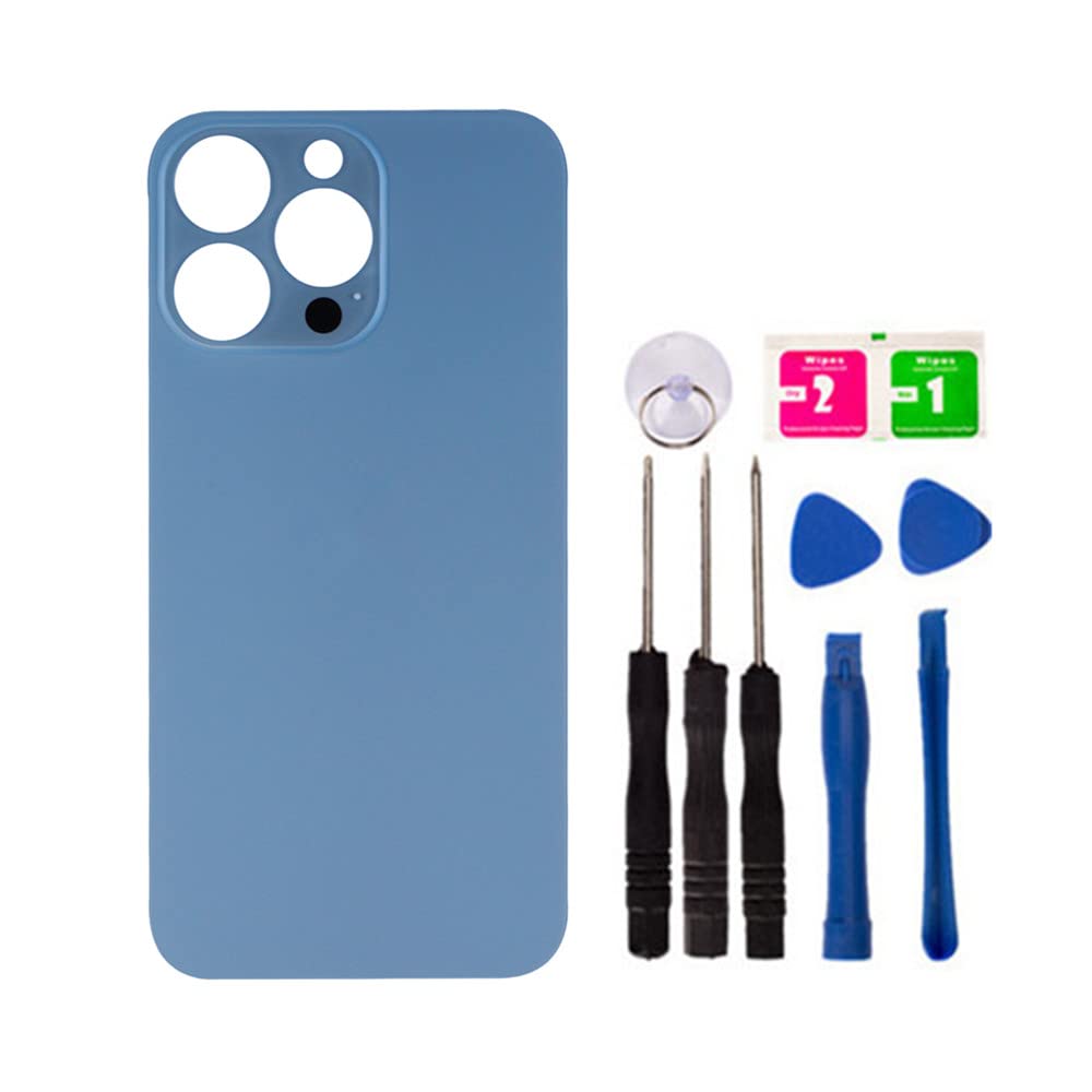 Premium Back Glass Replacement for iPhone 13 Pro - OEM Quality Battery Cover with Pre-Installed Adhesive & Repair Tool Kit (No Logo, Large Hole, Blue) | Easy DIY Repair Solution for Cracked/Damaged iPhone Back Panel