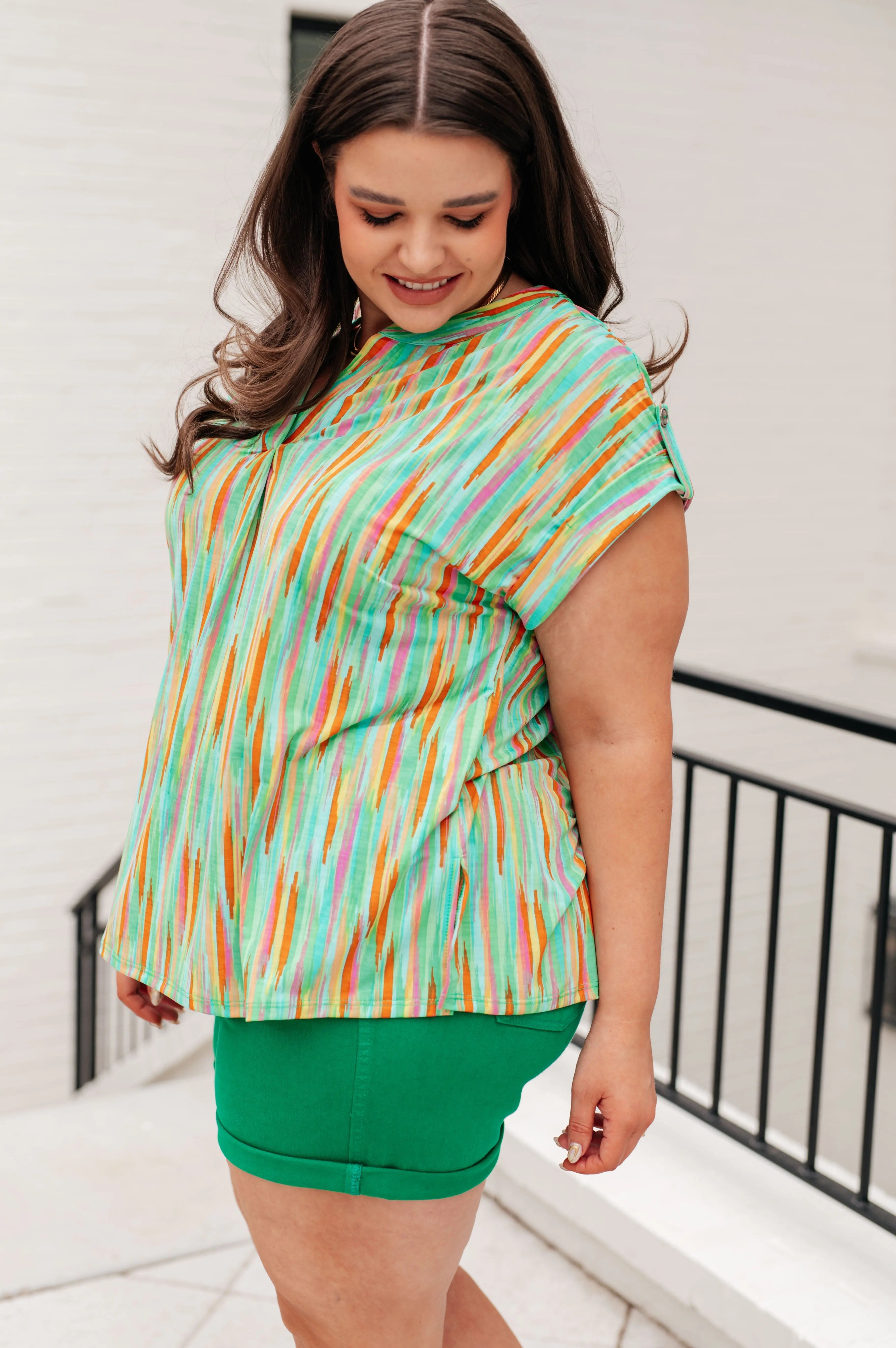 Lizzy Women's Cap Sleeve Striped Blouse - Lime & Emerald Multi-Color Summer Top for Casual Wear, Office Outfits & Date Night