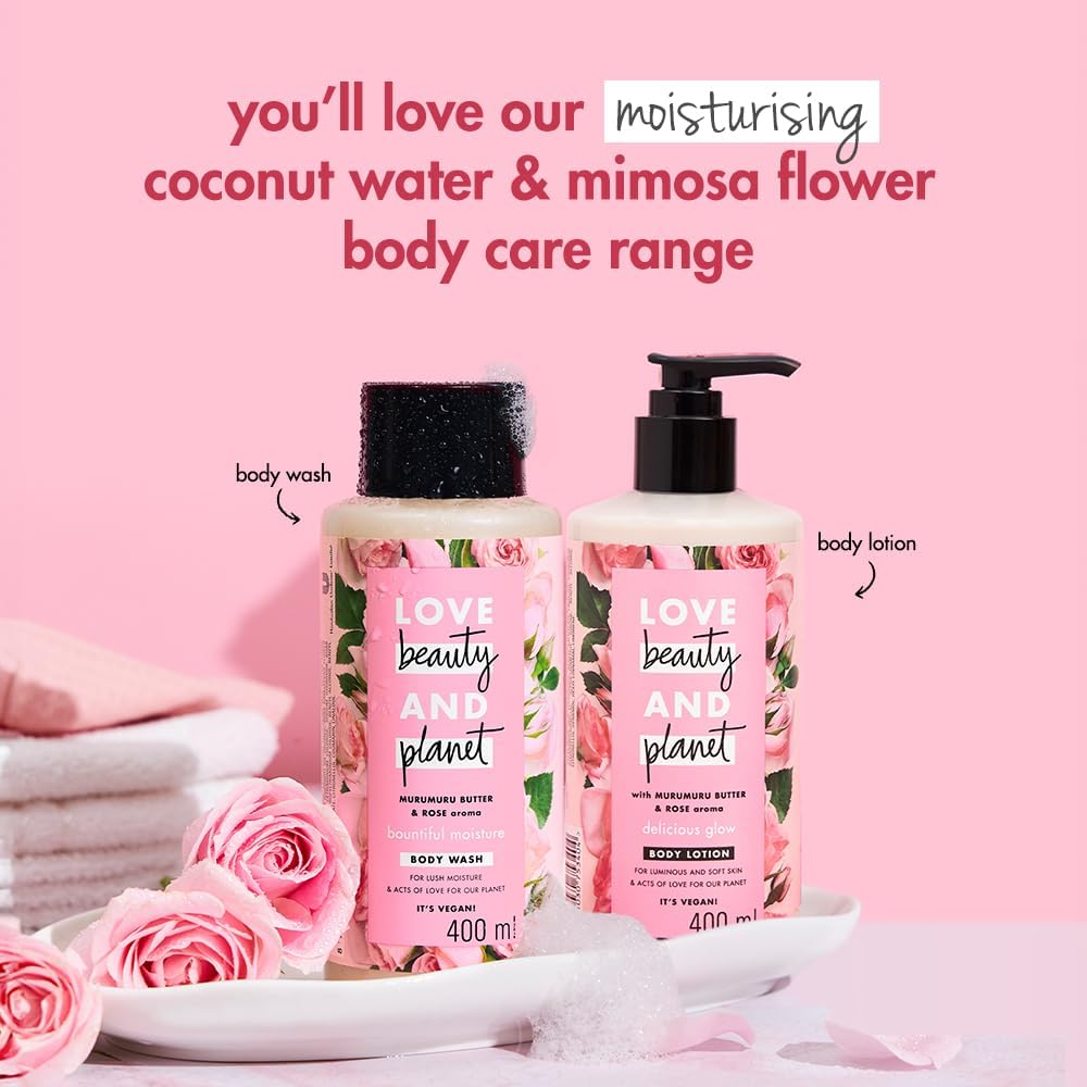 Beauty Love & Planet Moisturizing Body Wash with Murumuru Butter & Rose | Sulfate & Paraben Free | 400ml Hydrating Shower Gel for Soft, Smooth Skin | Perfect for Daily Use & Relaxing Bath Time