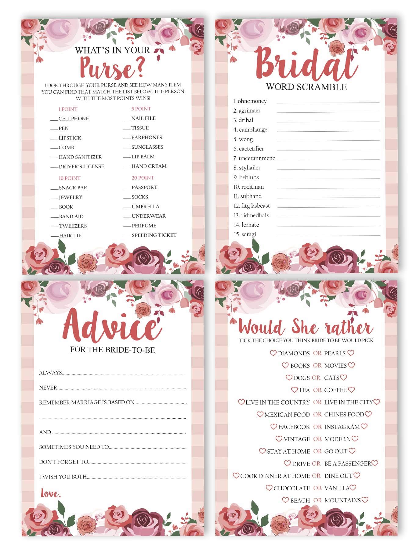 Bachelorette Party Games Set - 4 Fun Bridal Shower Games (50 Sheets Each) Floral Design for Wedding Celebrations & Girls Night Out