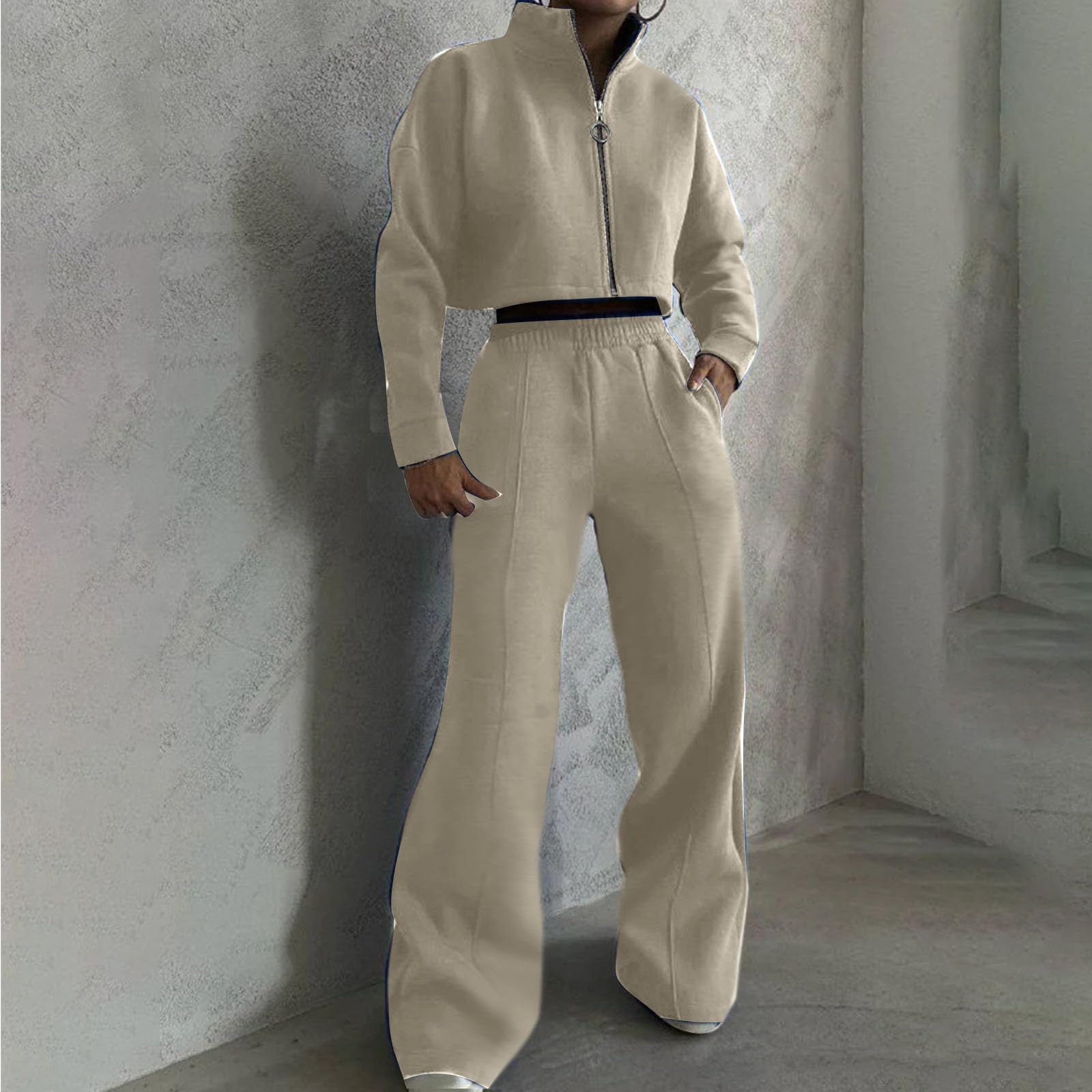 Women's 2-Piece Sweatsuit Set - Cropped Zip Up Hoodie & Lounge Palazzo Pants | Trendy Travel Outfit, Casual Streetwear, Gym & Yoga Wear, Home Loungewear