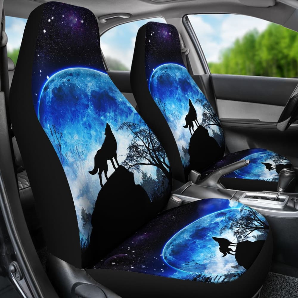 Premium Blue Full Moon Wolf Howling Car Seat Covers - Unique Gift for Men & Women - Universal Fit for Cars, Trucks & SUVs - Perfect for Road Trips, Camping & Outdoor Adventures