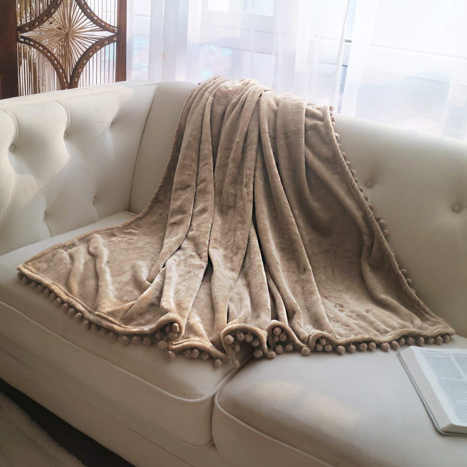 LOMAO Soft Flannel Blanket with Pompom Fringe - Lightweight & Cozy Throw Blanket for Bed, Couch, Sofa - All-Season Warmth (Khaki, 60''x80'') - Perfect for Lounging, Netflix Nights & Guest Bedrooms