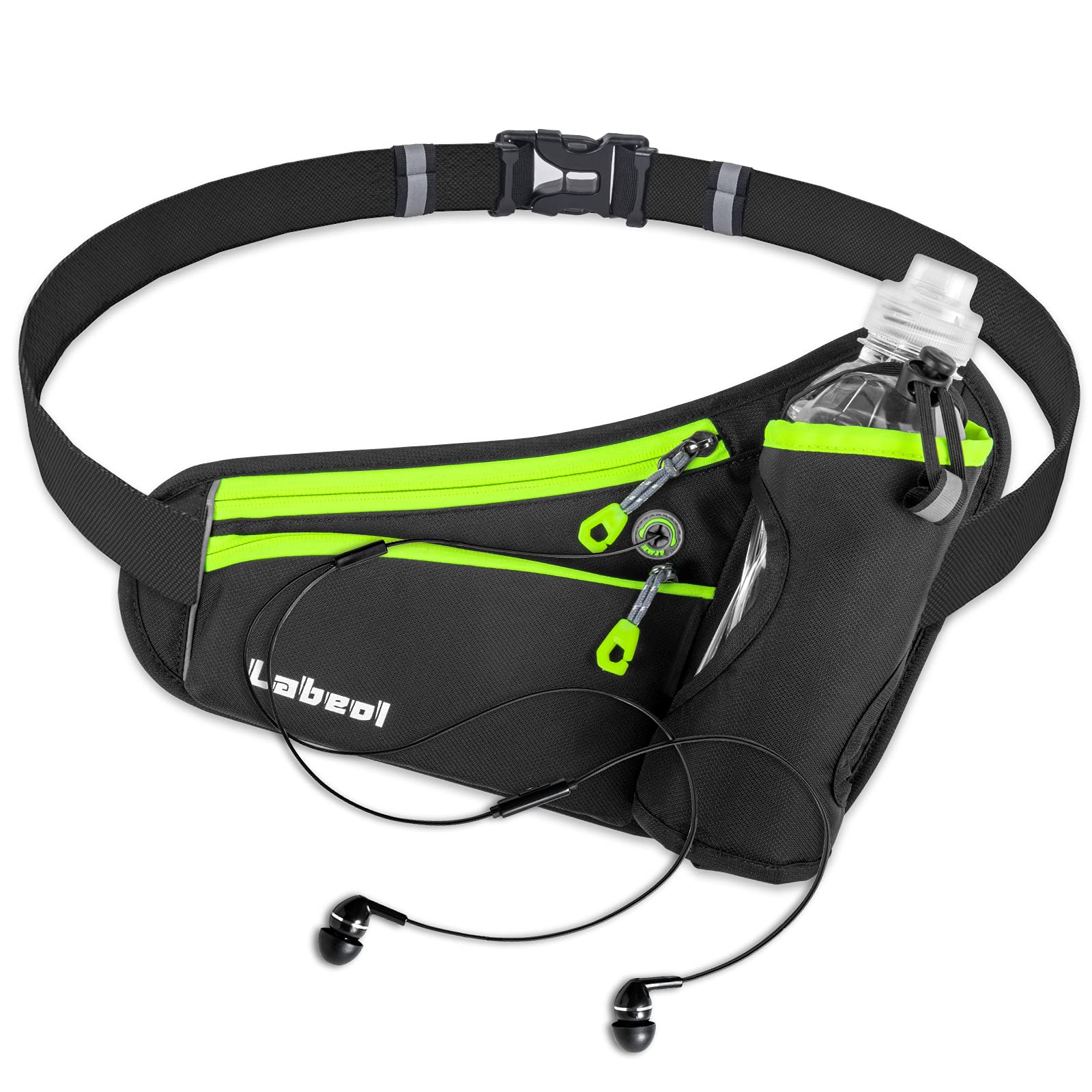Labeol Adjustable Running Belt with Water Bottles - 2 Zipper Pockets Hydration Waist Pack for Men & Women - Lightweight Fanny Pack for Hiking, Climbing, Jogging & Outdoor Activities (Green)