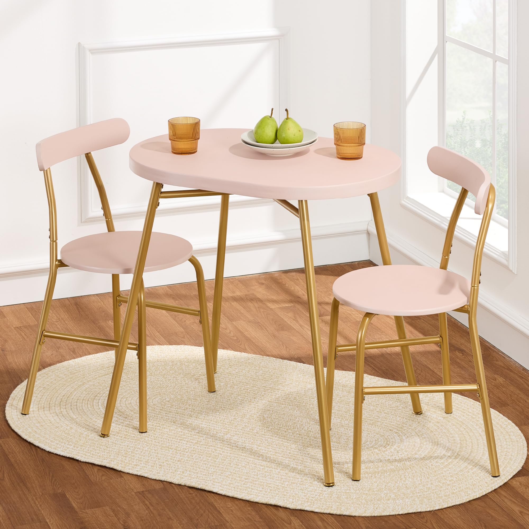 Best Choice Products 3-Piece Modern Oval Dining Table Set with 2 Chairs - Small Kitchen Dinette Furniture, Metal Frame & Curved Backrests in Pink/Gold - Perfect for Apartments, Breakfast Nooks & Cozy Dining Spaces
