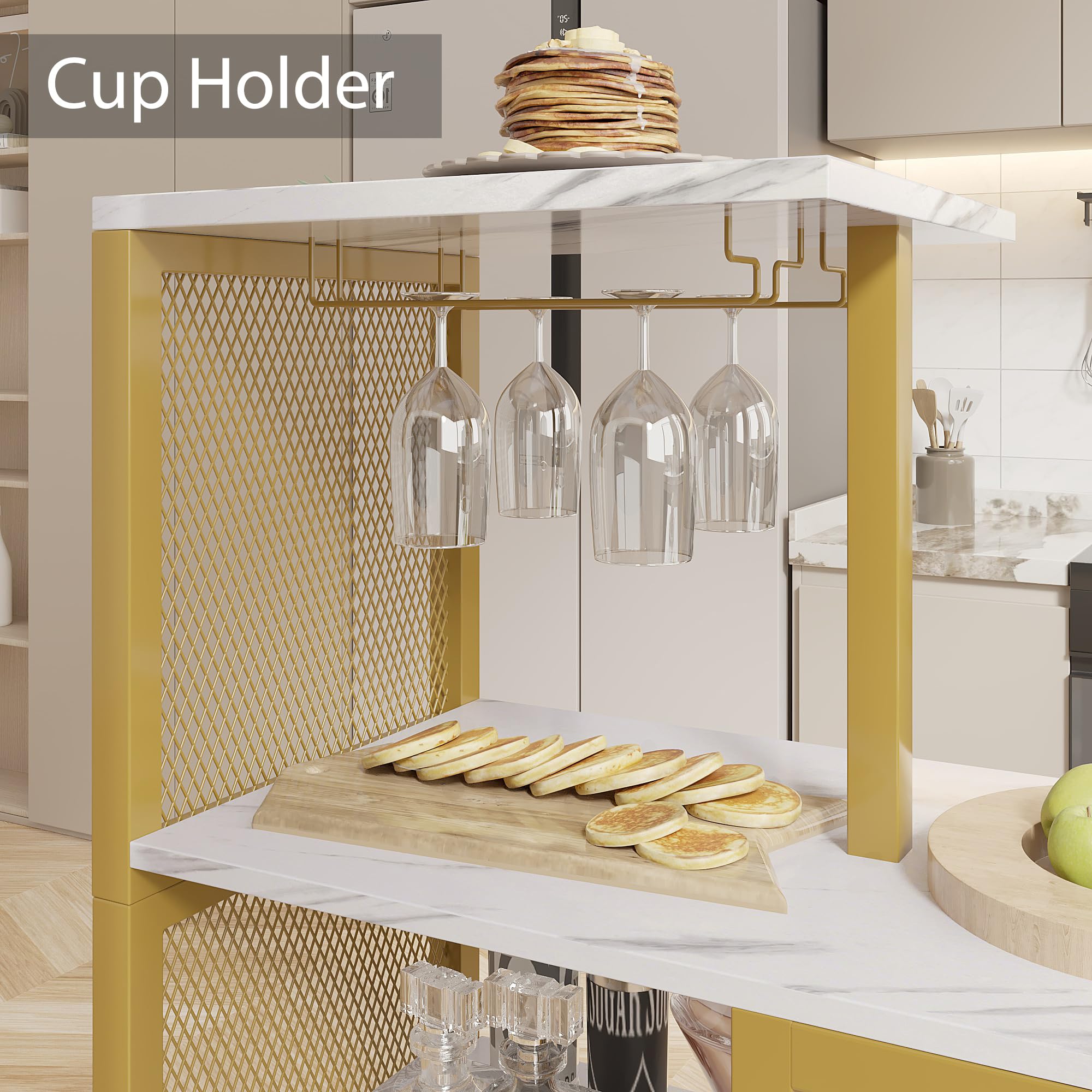 VECELO 3-Piece Bar Table and Chairs Set with Storage Shelves, Cup Holder & Wine Rack - PU Leather Cushion Stools for Small Space Kitchen, Gold - Perfect for Breakfast Nook, Apartment Balcony or Compact Dining Area