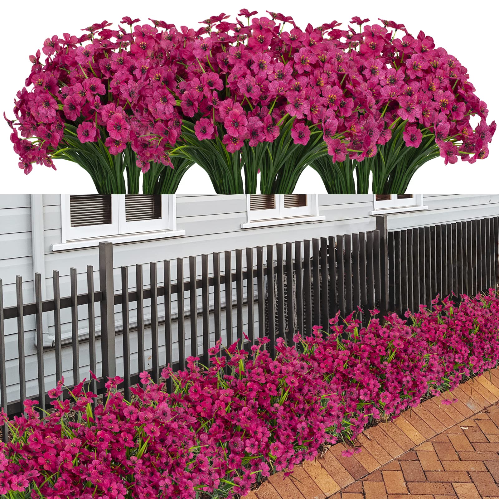 21 Bundles UV Resistant Artificial Outdoor Flowers - Fade Proof Fake Plastic Greenery for Garden, Porch, Window Box Decor (Rose Red) | Perfect for Home, Wedding, and Party Decoration