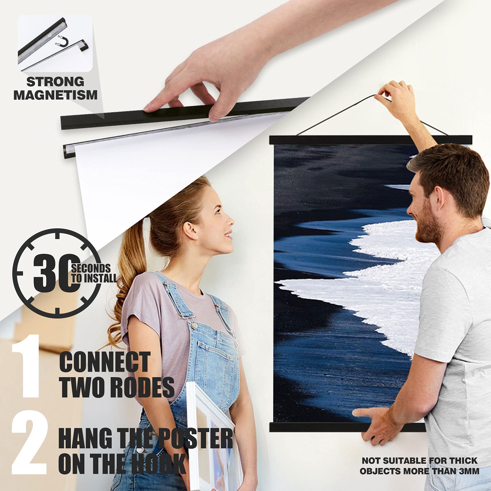 Ywlake Magnetic Poster Hanger Kit - 29 Inch Wooden Frame with Dowel Scroll for Hanging Posters, Maps, Canvas Artwork - Black (29x20, 29x24, 29x21) - Perfect for Home, Office, Gallery & Classroom Decor