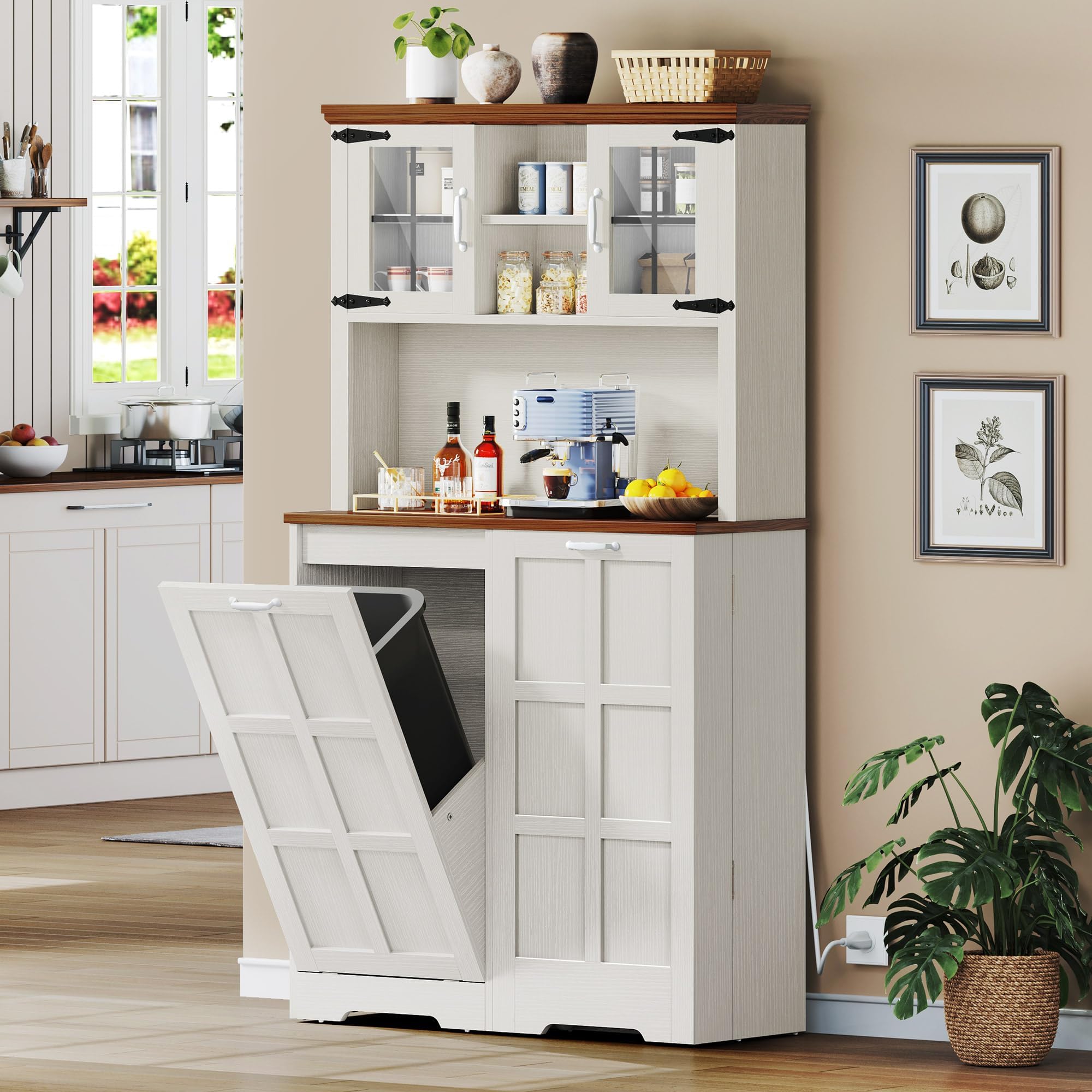 DWVO 13 Gallon Tilt-Out Trash Can Cabinet - Freestanding Kitchen Pantry Storage with Shelves & Door - White Oak Finish for Small Spaces & Apartment Kitchens