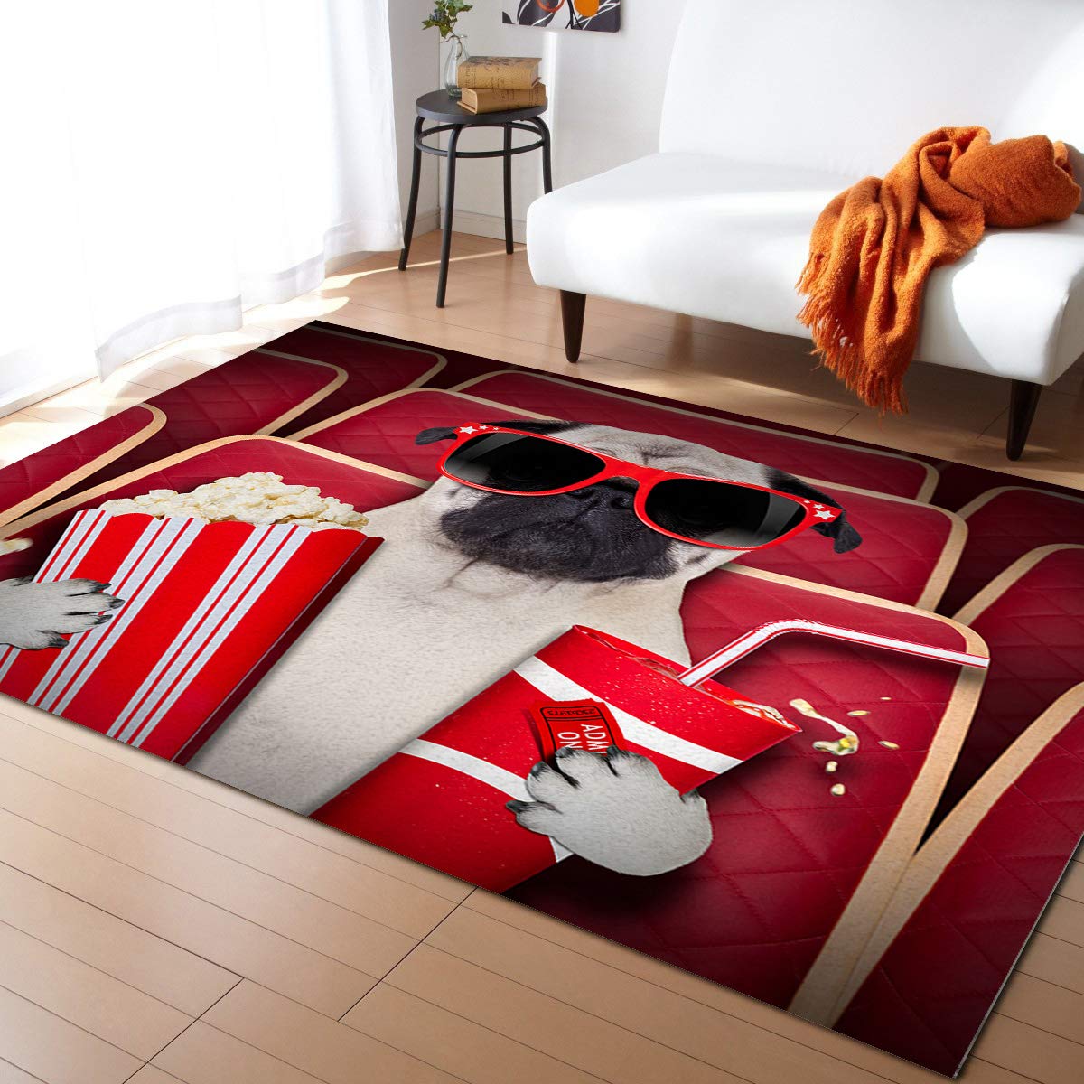 5' x 7' Pug Dog Area Rug - Soft Non-Slip Nursery Rug for Kids, Modern Animal Print Throw Carpet with Funny Popcorn Movie Scene - Perfect for Living Room, Bedroom & Kitchen Floor Decor