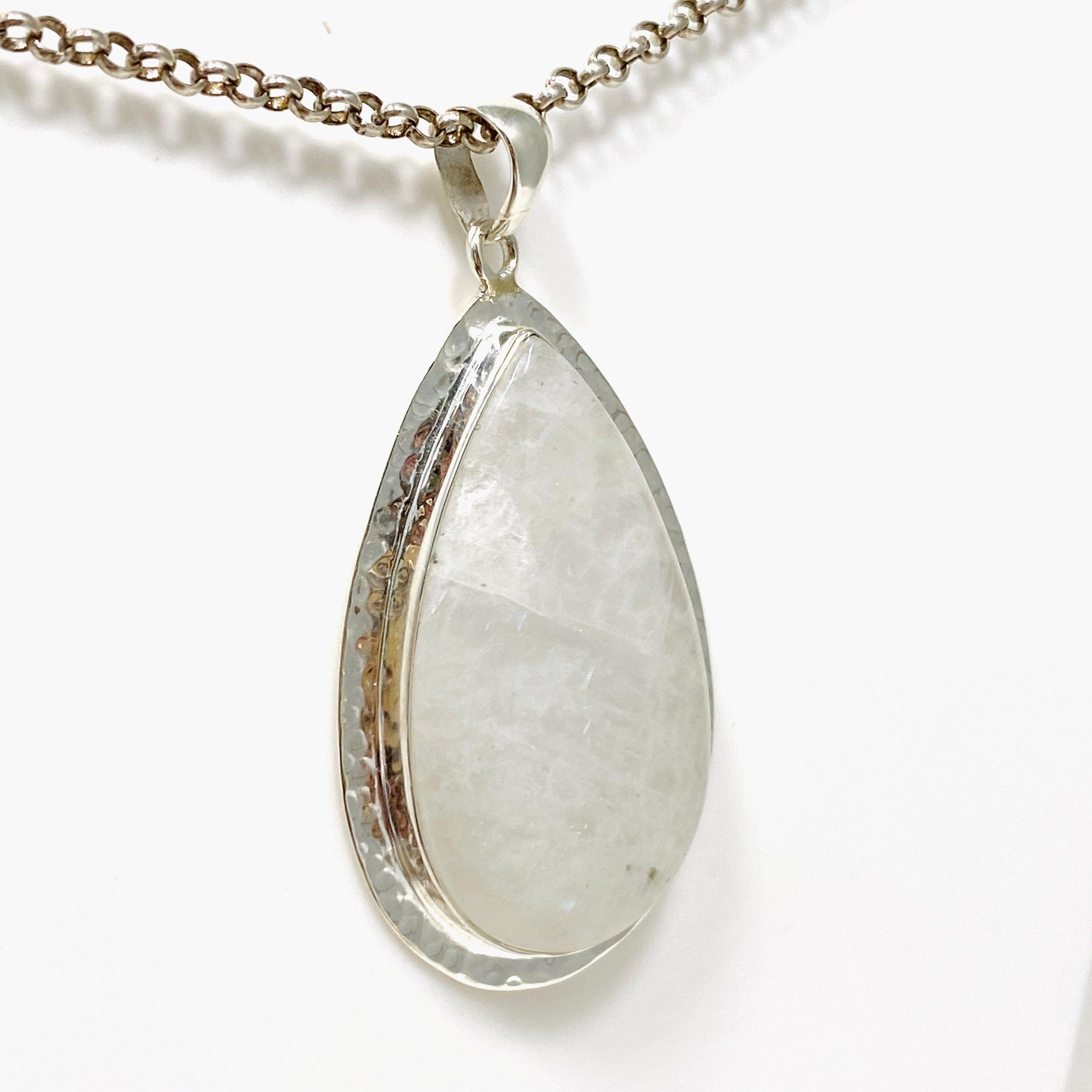 Moonstone Teardrop Pendant Necklace with Hammered Silver Detailing - Elegant Boho Jewelry for Women, Perfect for Weddings & Special Occasions | KPGJ4251