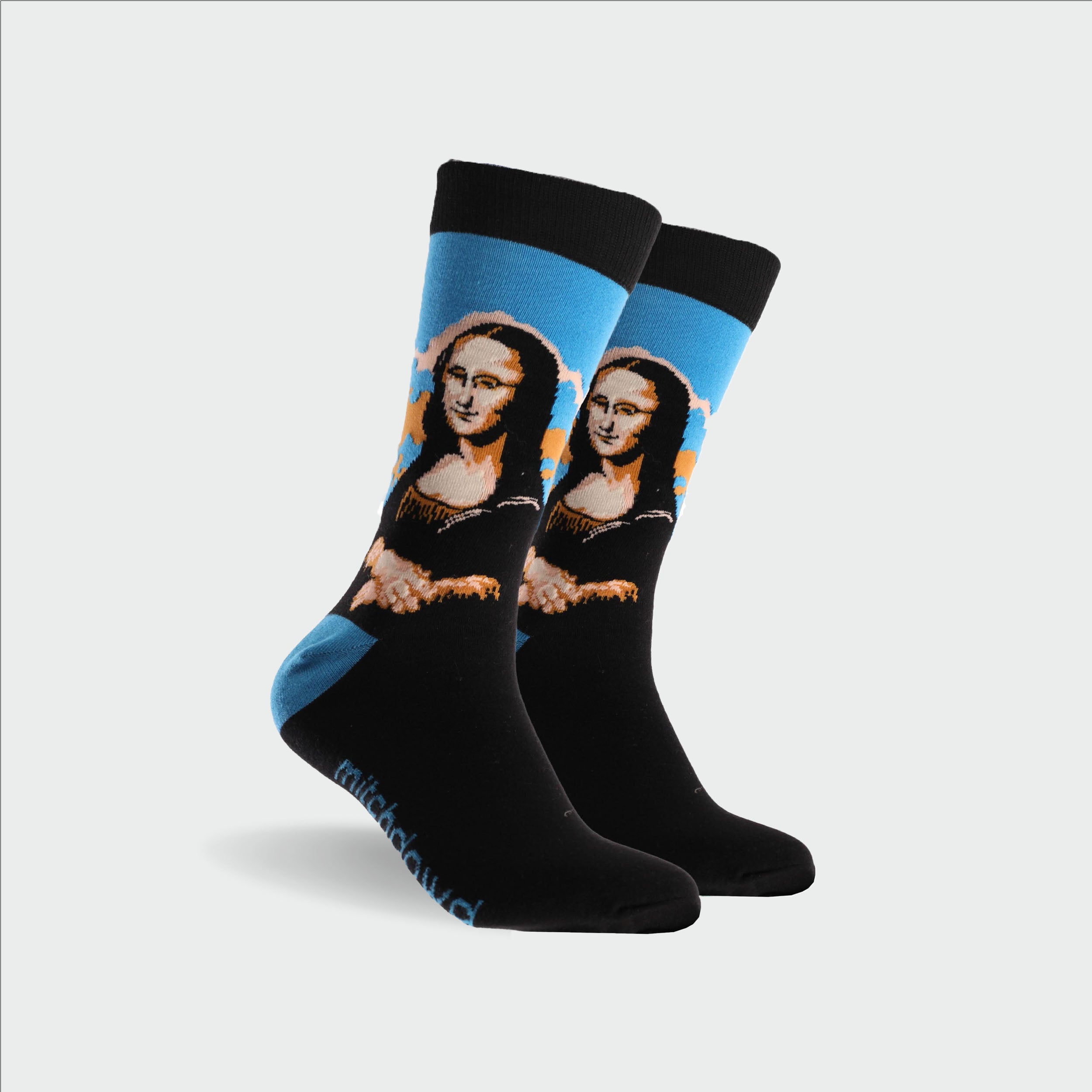 Men's Mona Lisa Art Cotton Crew Socks - Blue & Black Striped Casual Socks for Everyday Wear, Office & Gifts