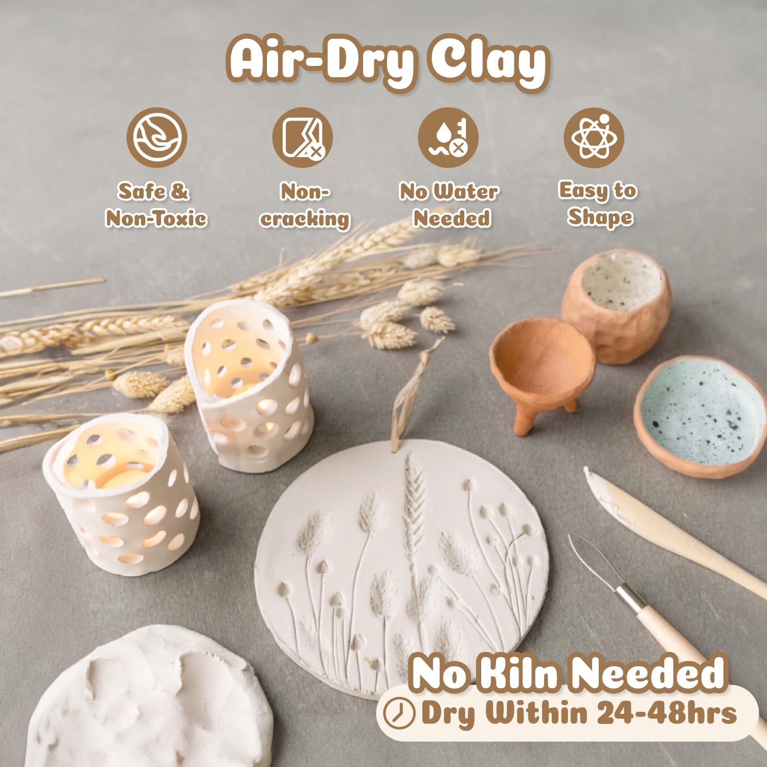 Air Dry Clay Kit for Adults & Beginners - White Modeling Clay with Sculpting Tools, Gloss Varnish & DIY Plate Making Supplies | Perfect for Pottery, Arts & Crafts Projects, Christmas Gifts & Home Decor