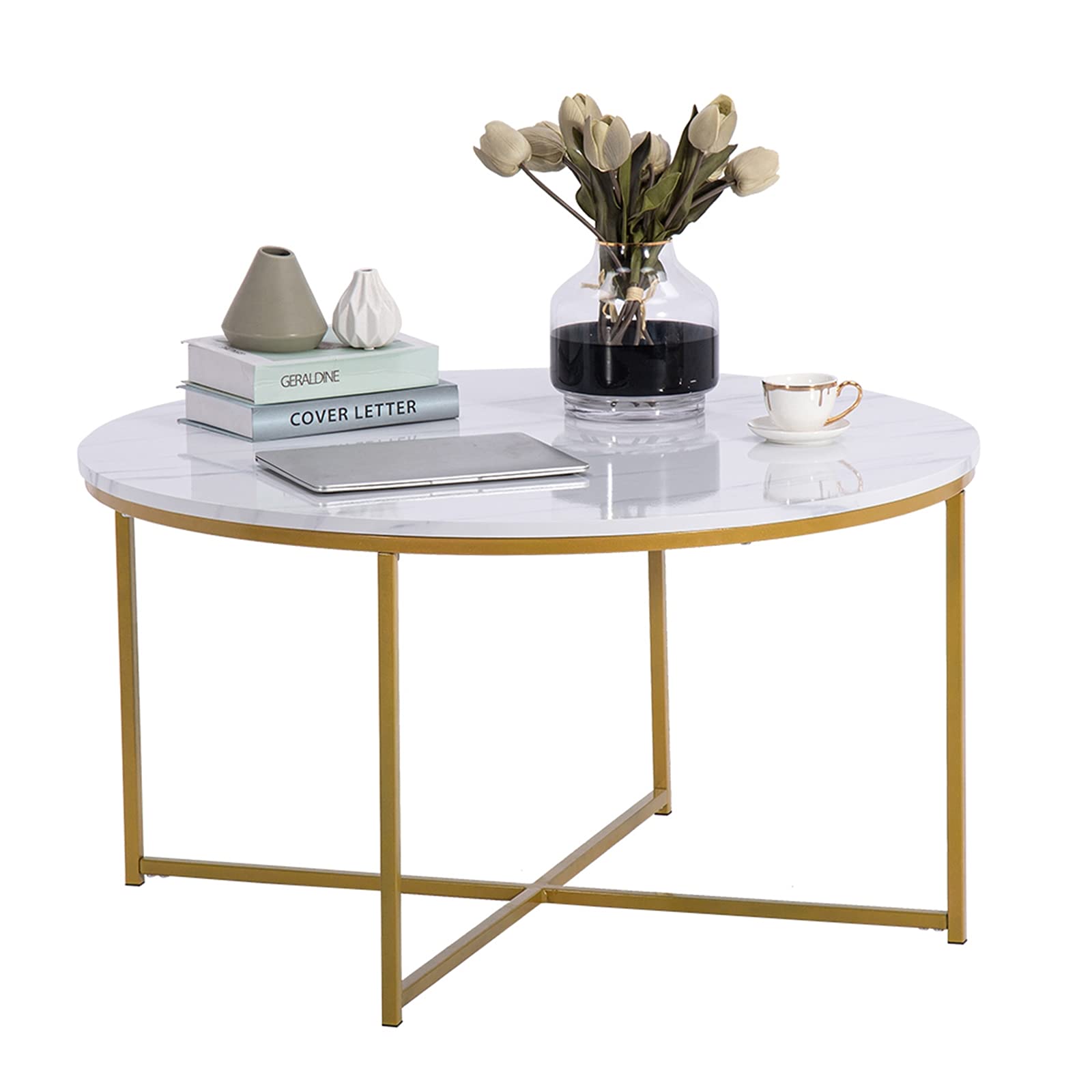 White Marble Round Coffee Table with Golden Metal X-Shaped Base - 35 Inch Modern Living Room Table with Smooth Surface & Cross Foot Design - Perfect for Small Spaces, Apartments & Home Decor (GC983125874)
