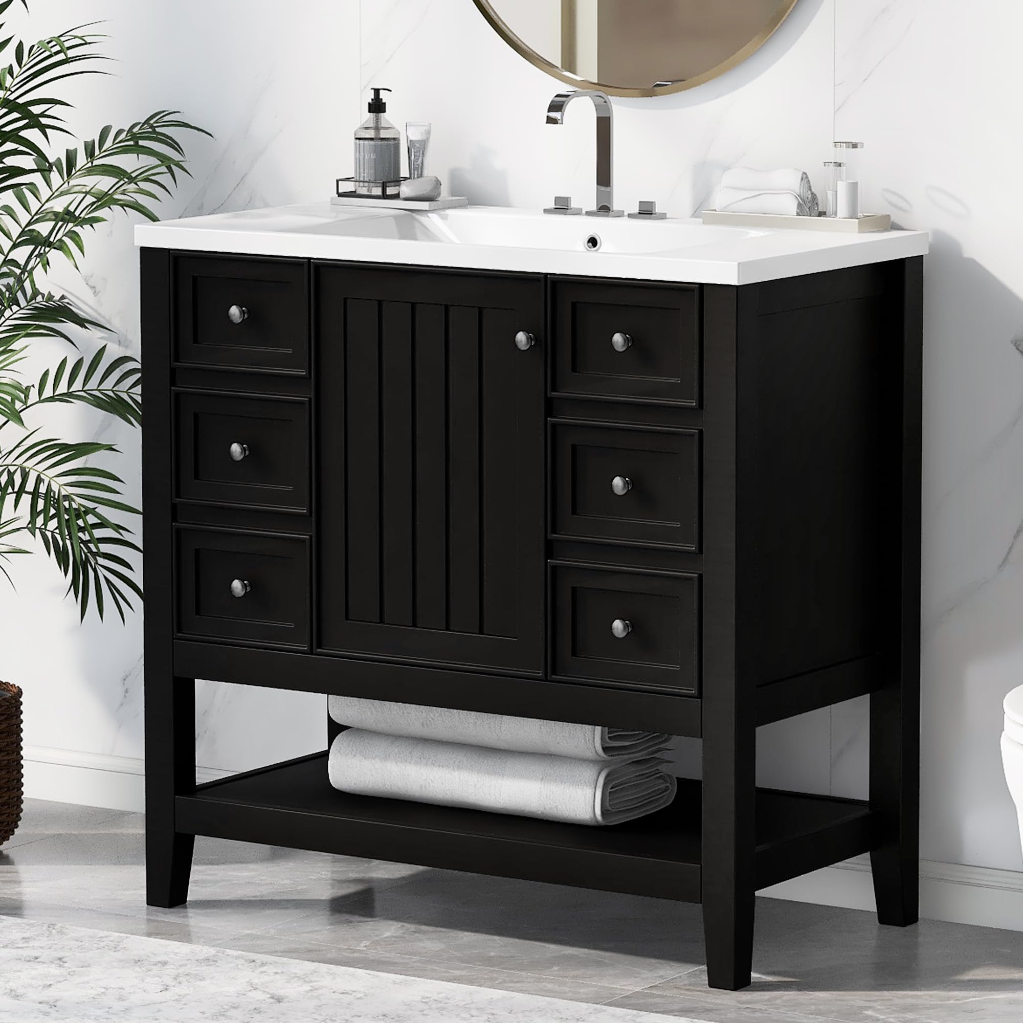 Harper & Bright Designs 36 Inch Bathroom Vanity with Sink - Freestanding Single Basin Vanity Set with Cabinet & 3 Drawers - Wood Bathroom Cabinet with Ceramic Sink - Black - Perfect for Small Bathrooms, Powder Rooms & Master Baths