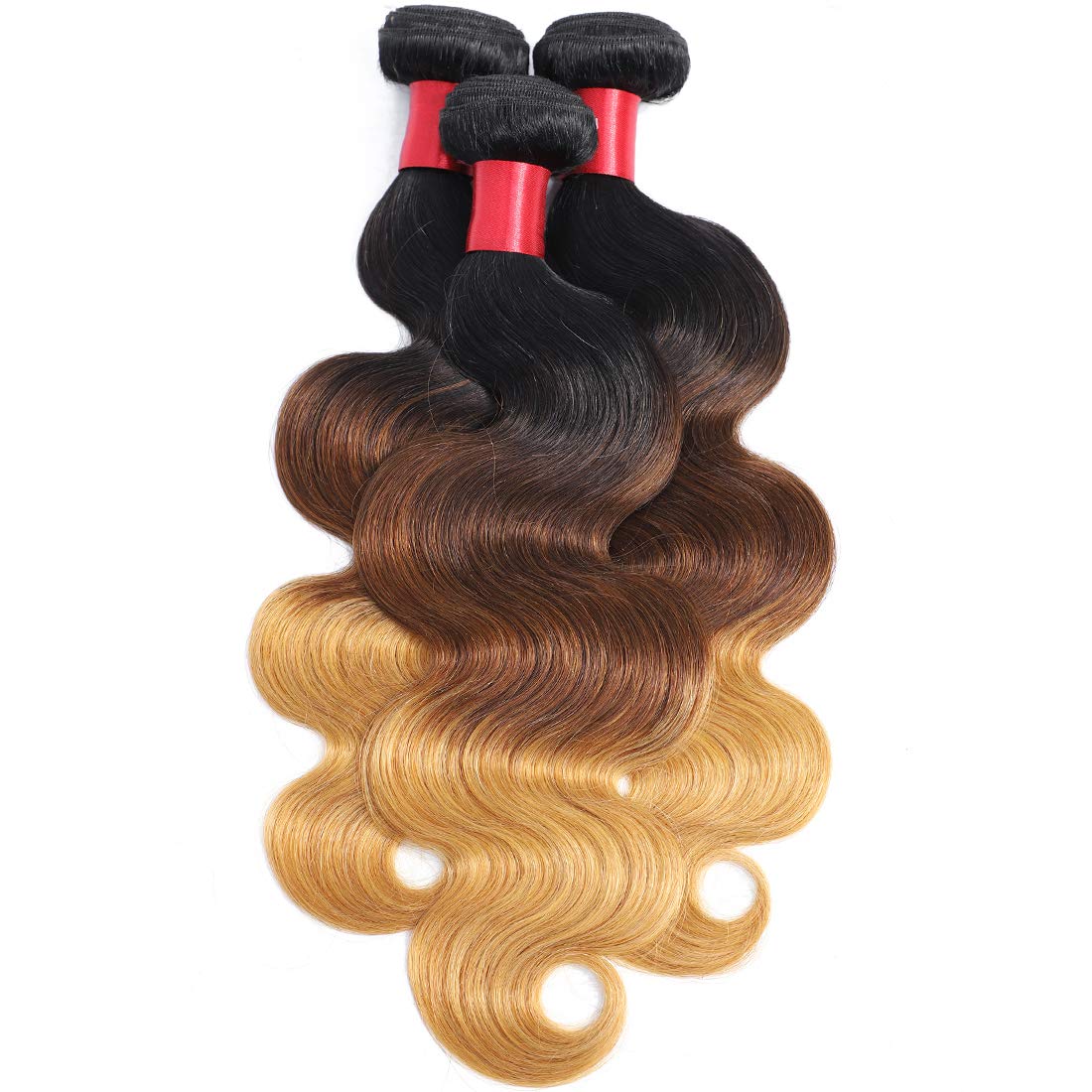 AUTTO 100% Virgin Brazilian Human Hair Weaves Extensions - 3 Bundles Body Wave Ombre 1B/4/27 Honey Brown Hair 14