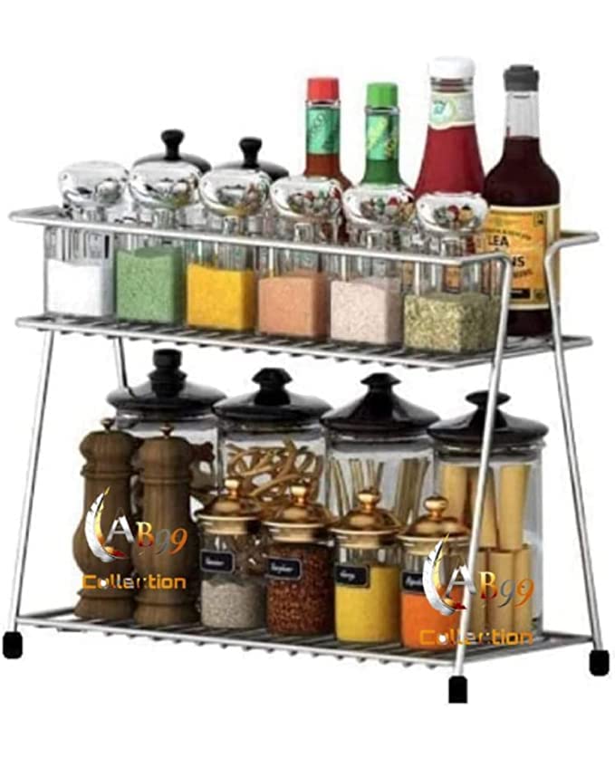 Stainless Steel 2-Tier Kitchen Shelf Organizer - Countertop & Floor Mount Corner Storage Rack for Spices, Utensils & Cookware - Perfect for Small Kitchen Space Saving & Organization