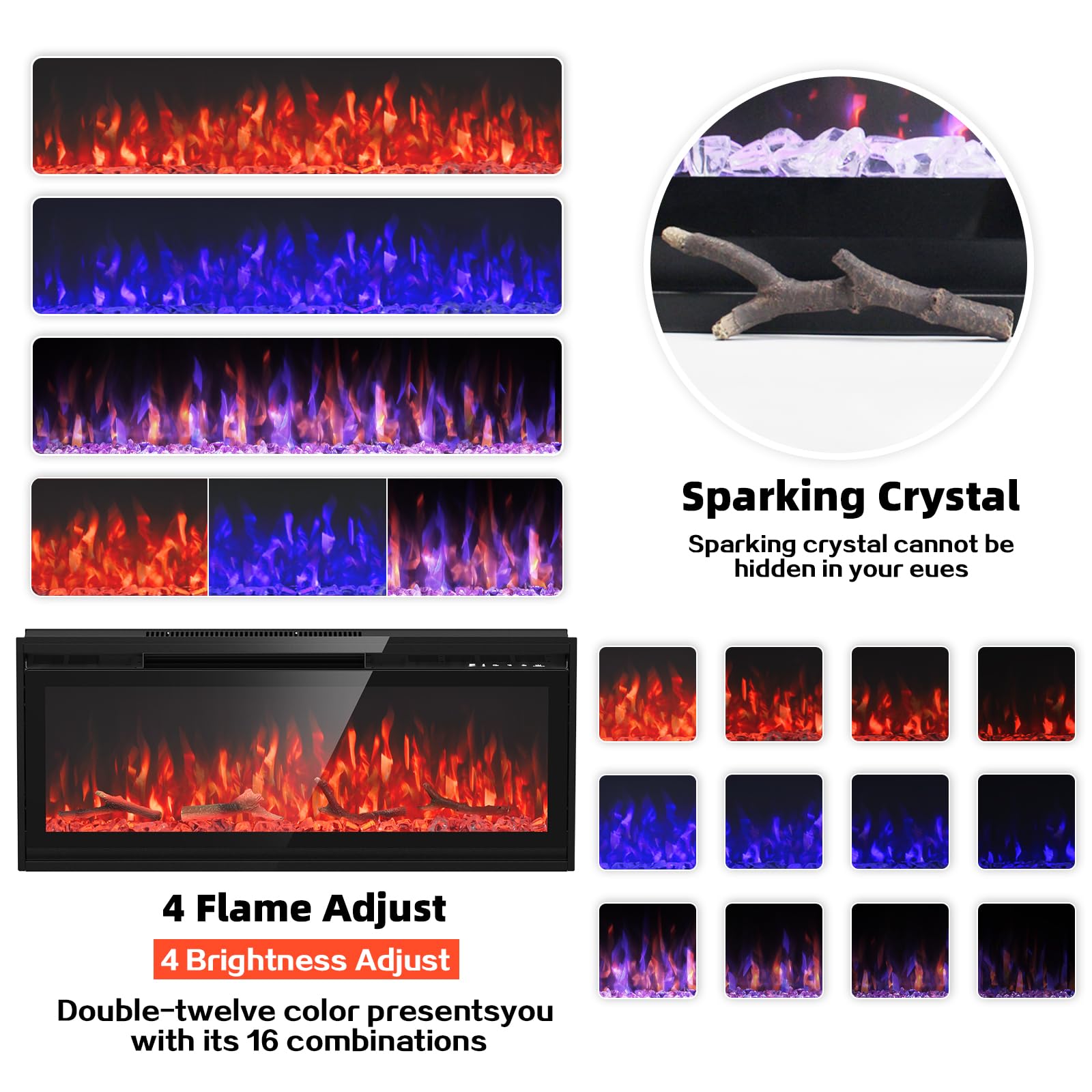 50 Inch Recessed Electric Fireplace with Remote - Wall Mounted Heater with Adjustable Flame Colors & Timer (750W/1500W) - Perfect for Living Room, Bedroom & Office - Black
