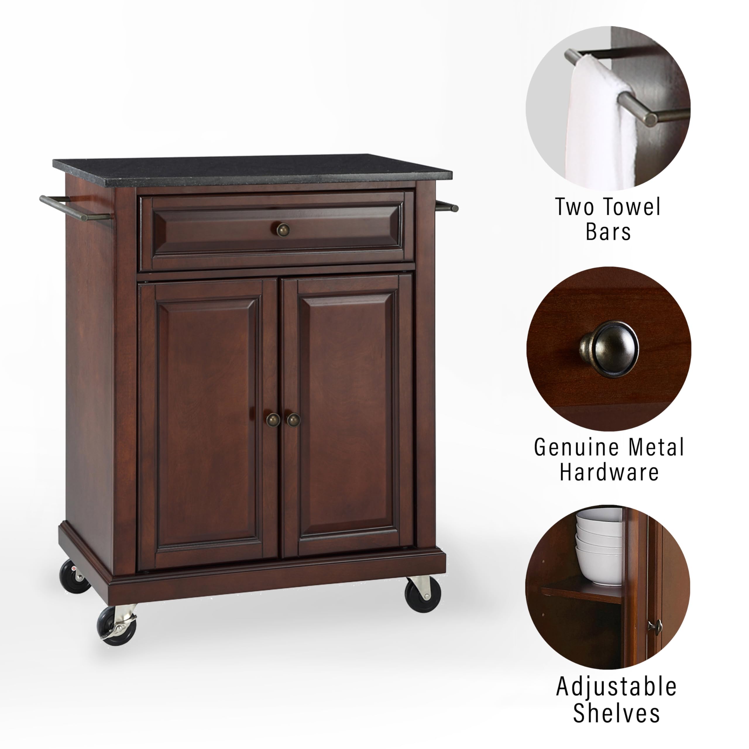 Crosley Compact Granite Top Rolling Cart with Shelves - Microwave Stand with Towel Rack, Mahogany Kitchen & Bathroom Organizer for Small Spaces
