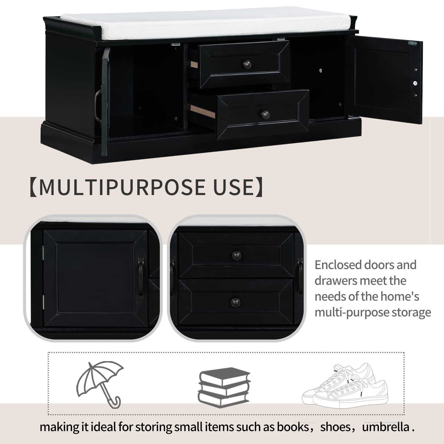 Danxee Wooden Shoe Storage Bench with Cushion - 2 Drawers & Cabinets for Entryway (Black) - Perfect for Hallway Organization