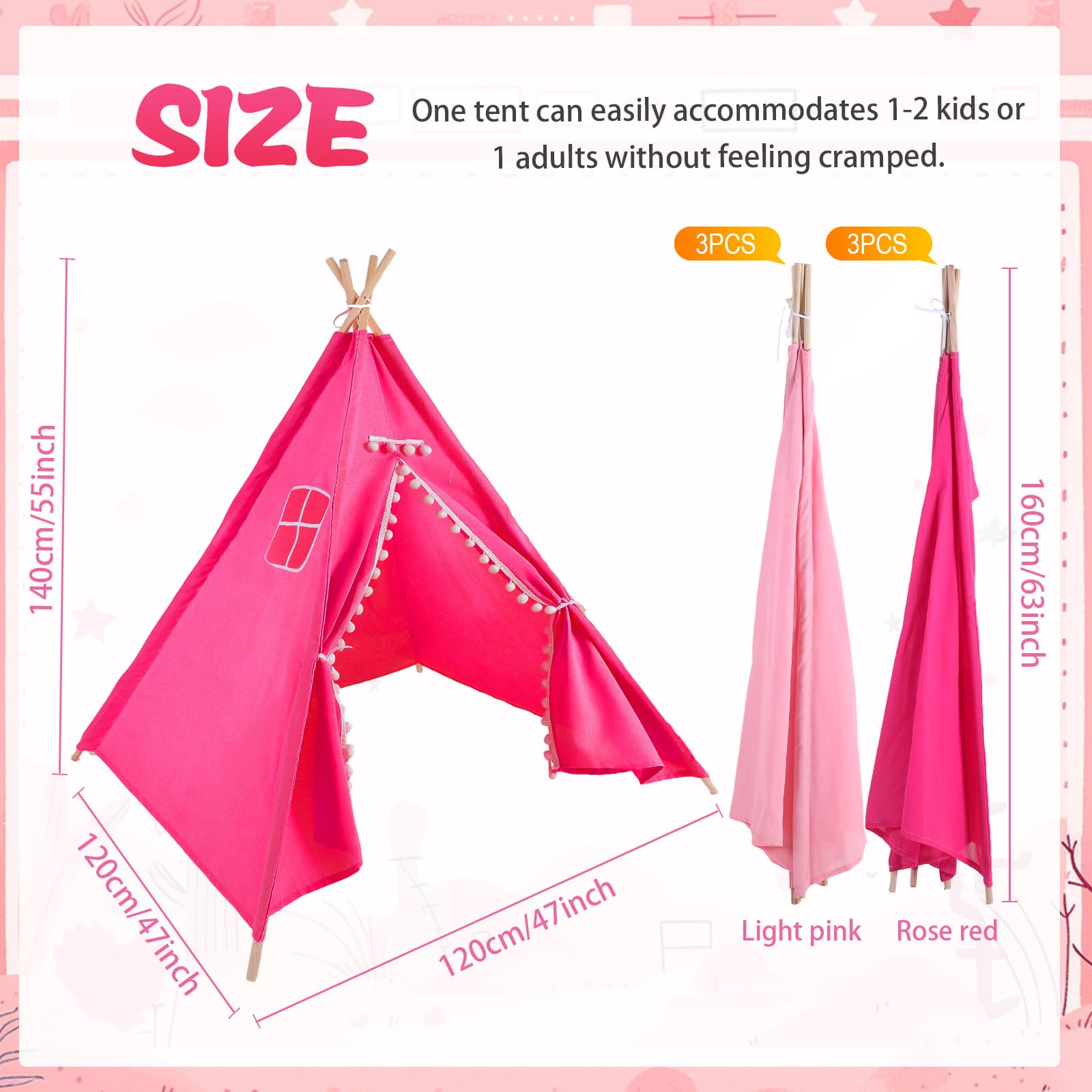 Windyun 6-Piece Kids Teepee Tent Set - Foldable & Washable Play Tent for Boys & Girls, Indoor/Outdoor Boho Playhouse for Toddlers, Birthday Parties, Sleepovers, Pajama Parties & Spa Days (63