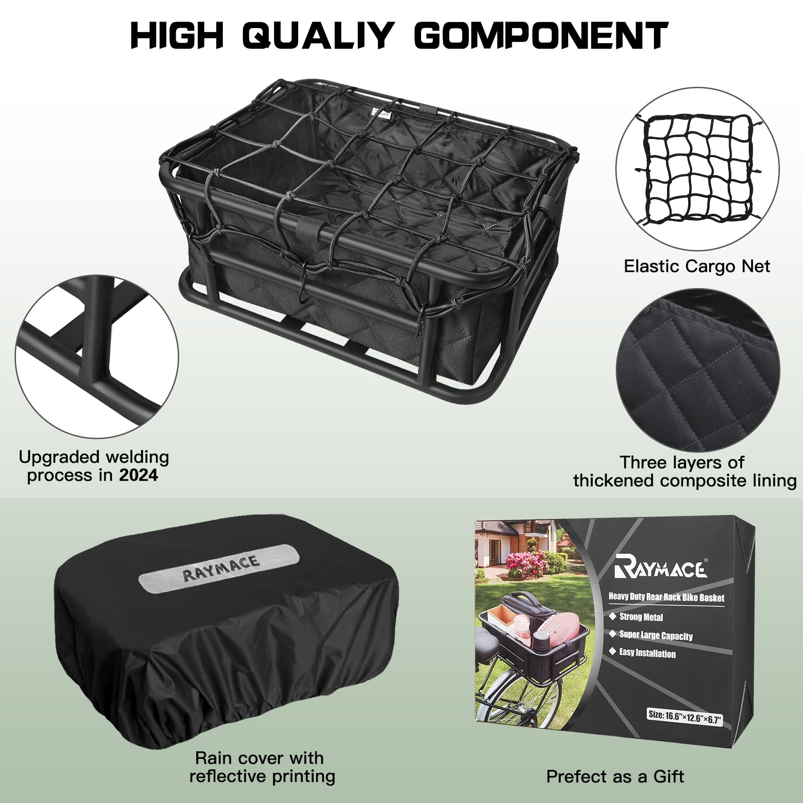 RAYMACE Large Rear Bike Basket with Cargo Net & Liner - Heavy Duty Bicycle Rack for Electric Bikes - Perfect for Commuting, Grocery Shopping & Outdoor Adventures
